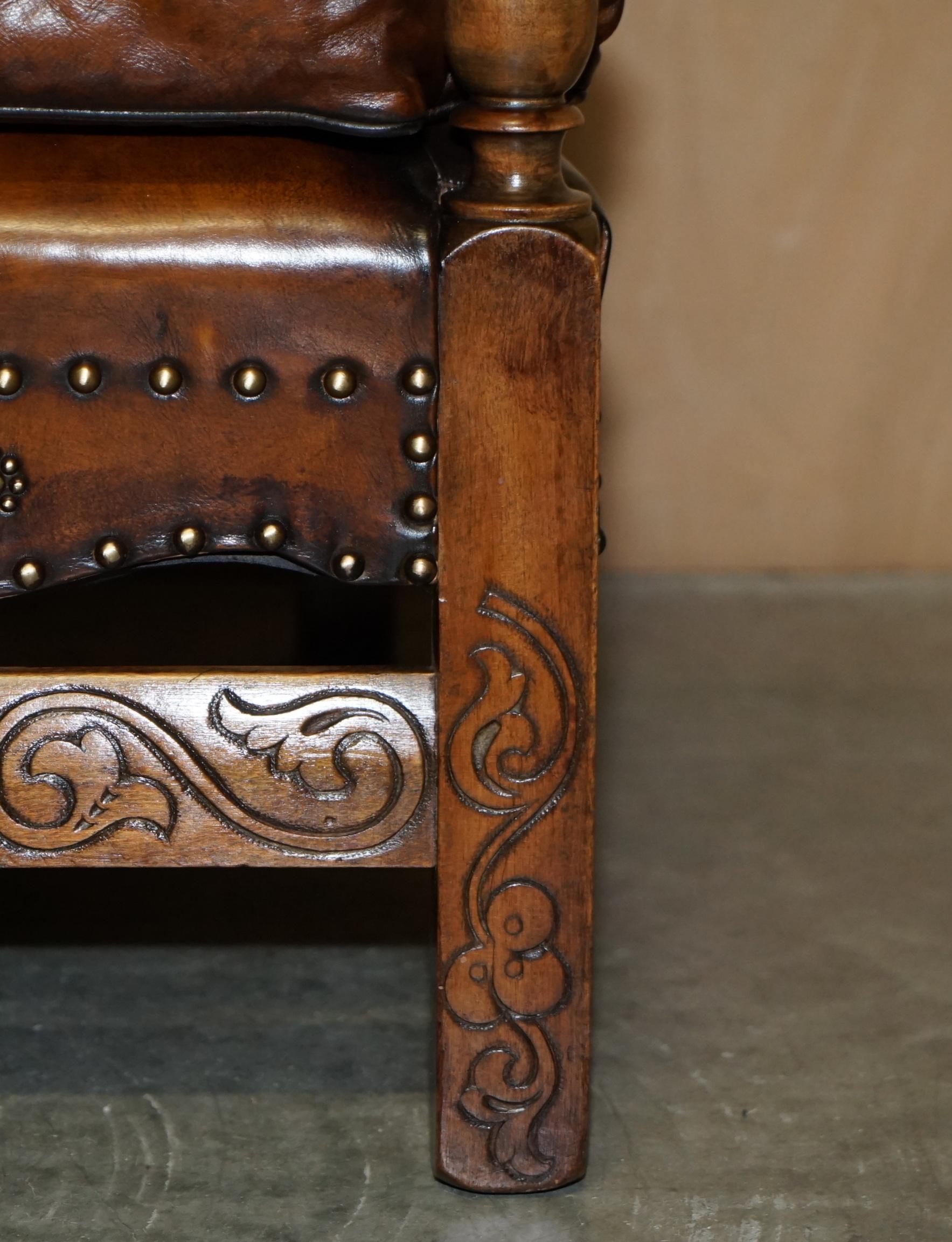 Fully Restored Edwardian circa 1910 Hand Dyed Brown Leather Lion Carved Armchair For Sale 4