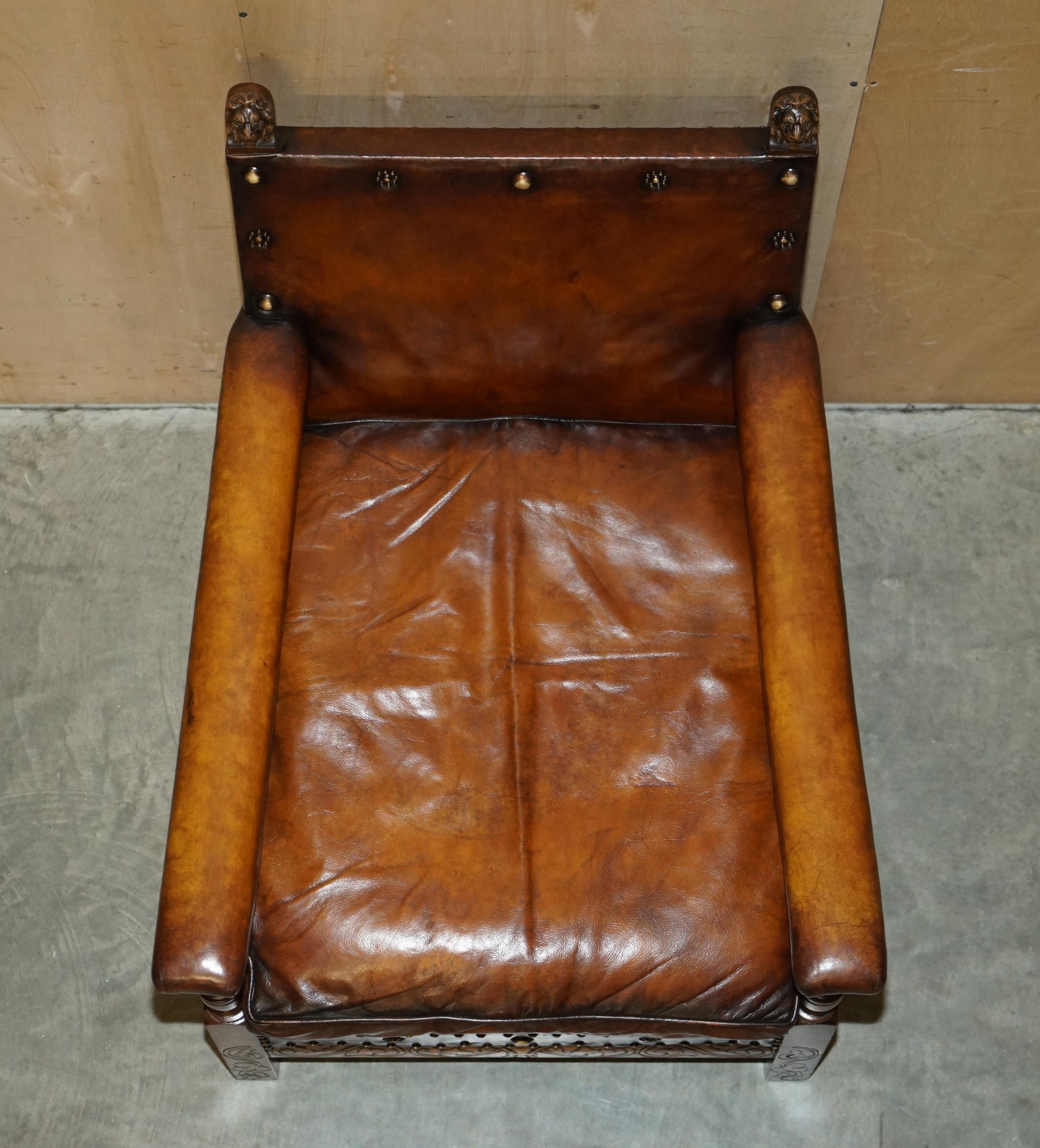 Fully Restored Edwardian circa 1910 Hand Dyed Brown Leather Lion Carved Armchair For Sale 6