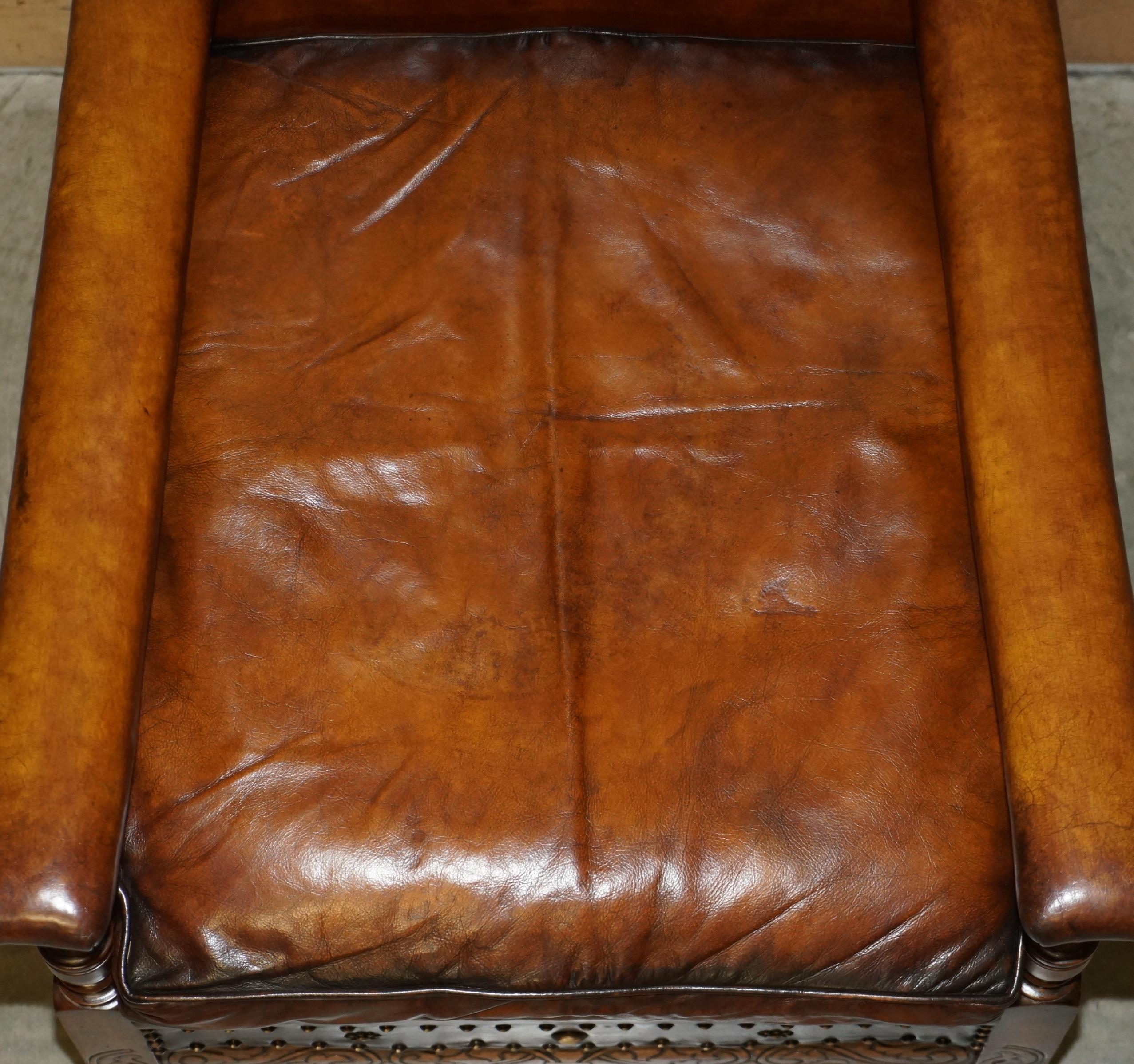 Fully Restored Edwardian circa 1910 Hand Dyed Brown Leather Lion Carved Armchair For Sale 7