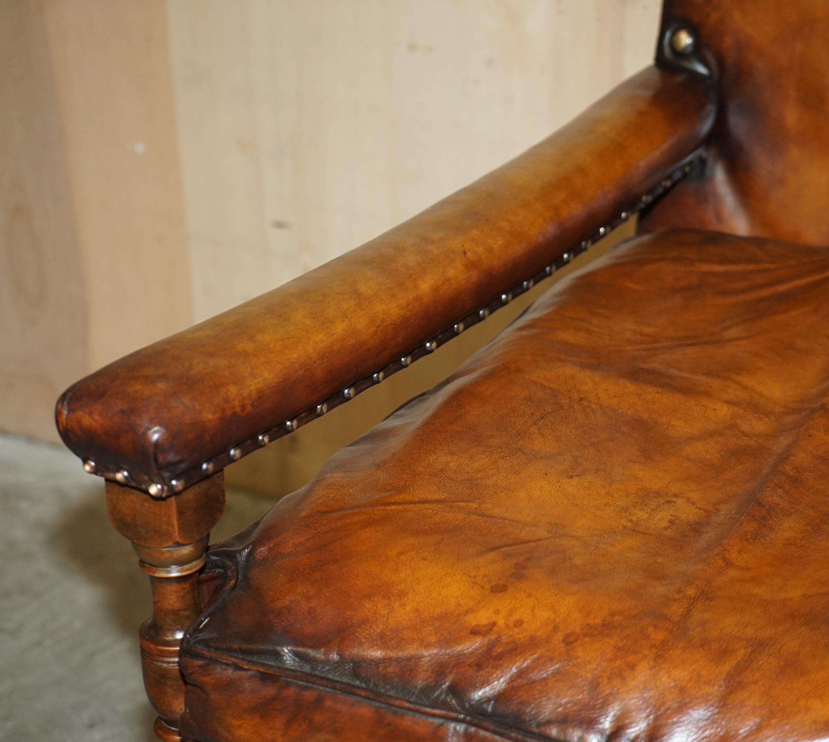Fully Restored Edwardian circa 1910 Hand Dyed Brown Leather Lion Carved Armchair For Sale 8