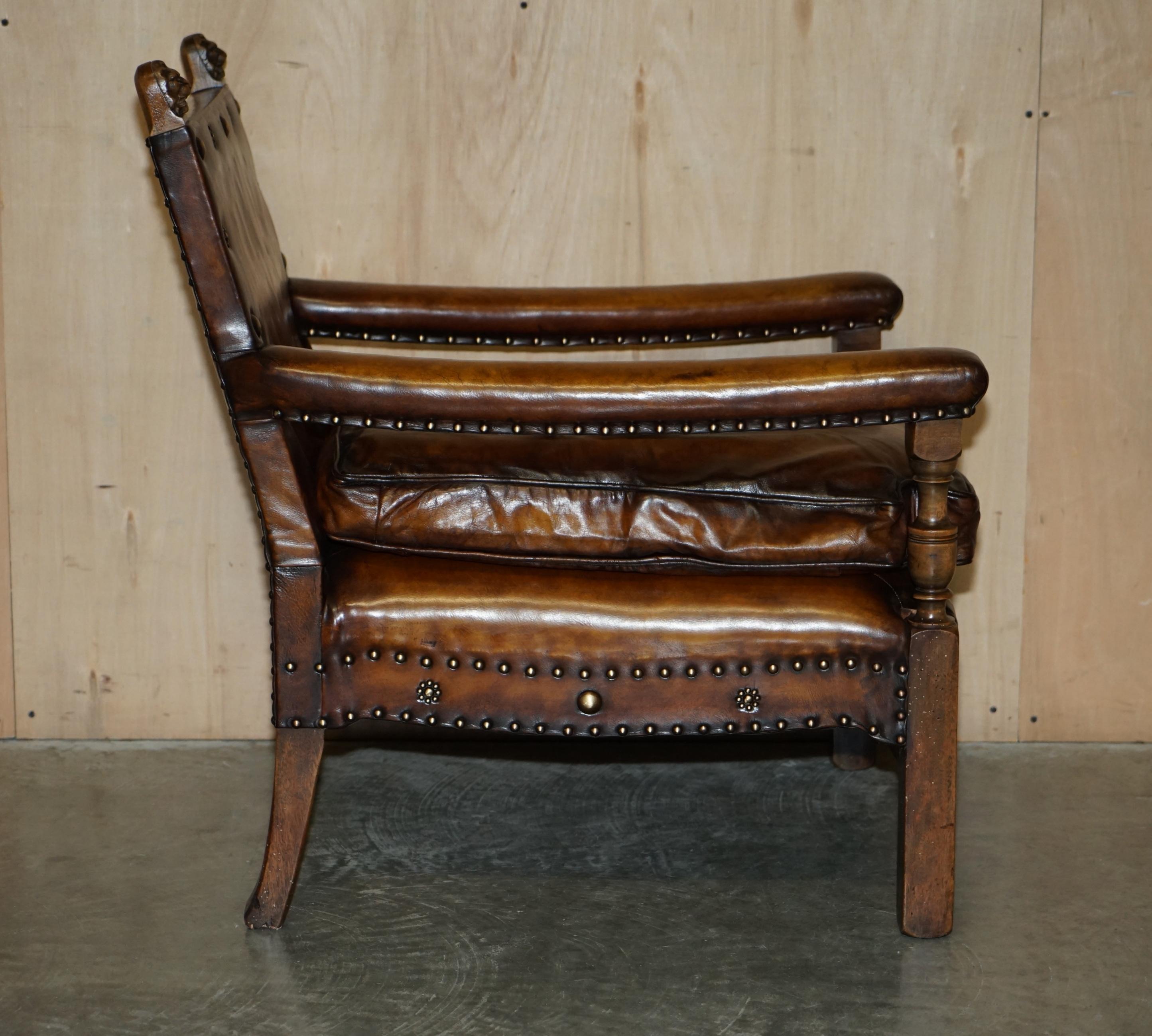 Fully Restored Edwardian circa 1910 Hand Dyed Brown Leather Lion Carved Armchair For Sale 10