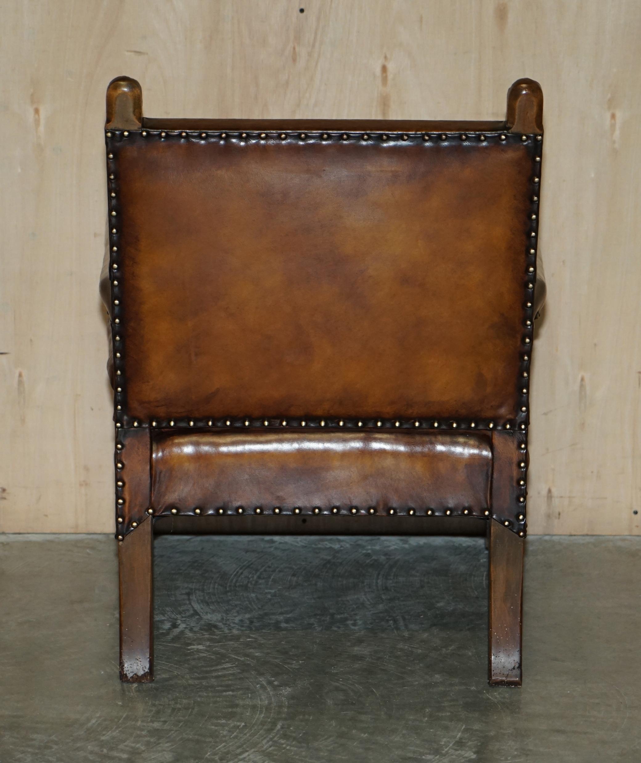 Fully Restored Edwardian circa 1910 Hand Dyed Brown Leather Lion Carved Armchair For Sale 11