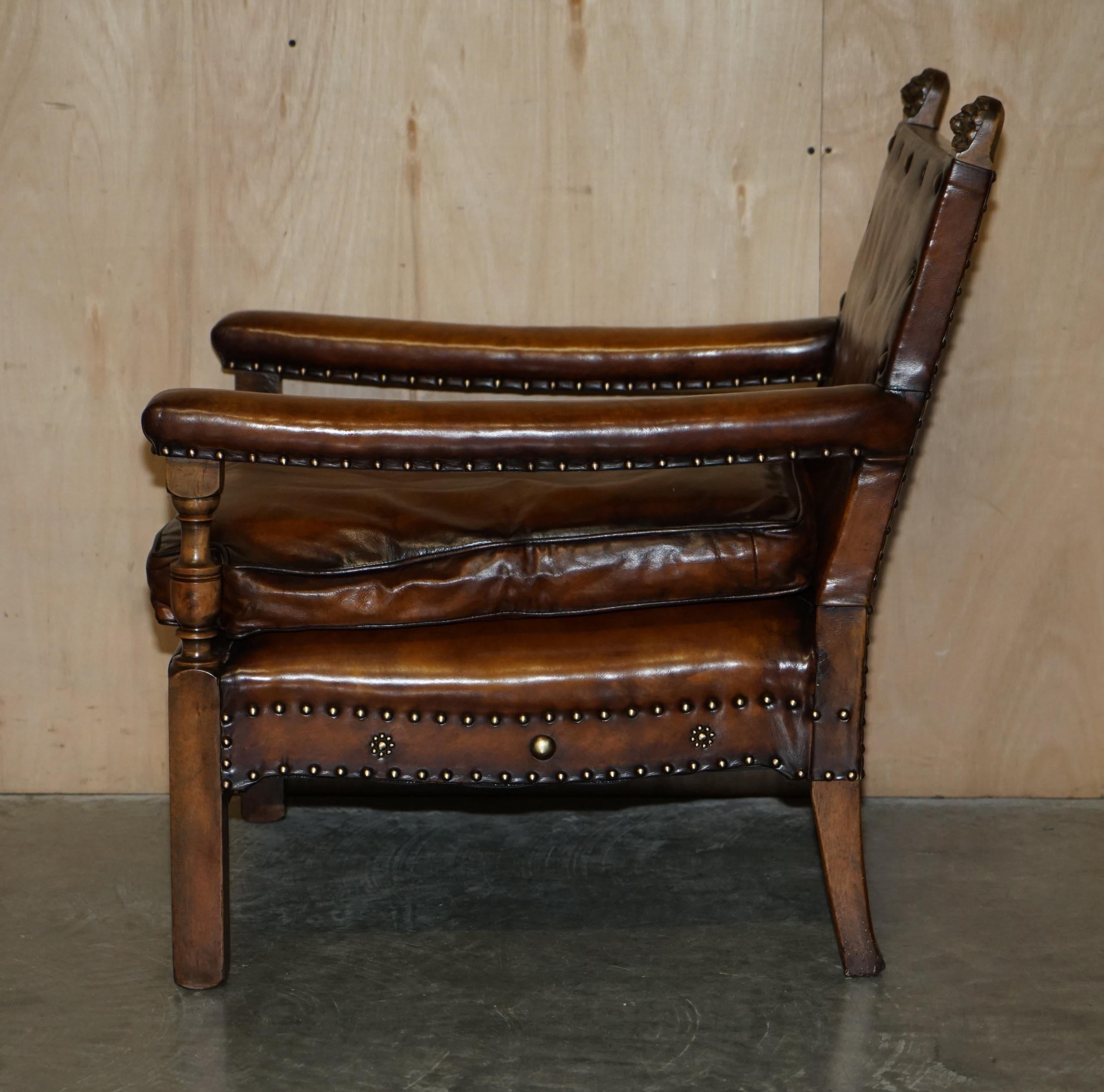 Fully Restored Edwardian circa 1910 Hand Dyed Brown Leather Lion Carved Armchair For Sale 12