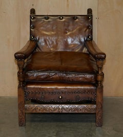 Fully Restored Edwardian circa 1910 Hand Dyed Brown Leather Lion Carved Armchair