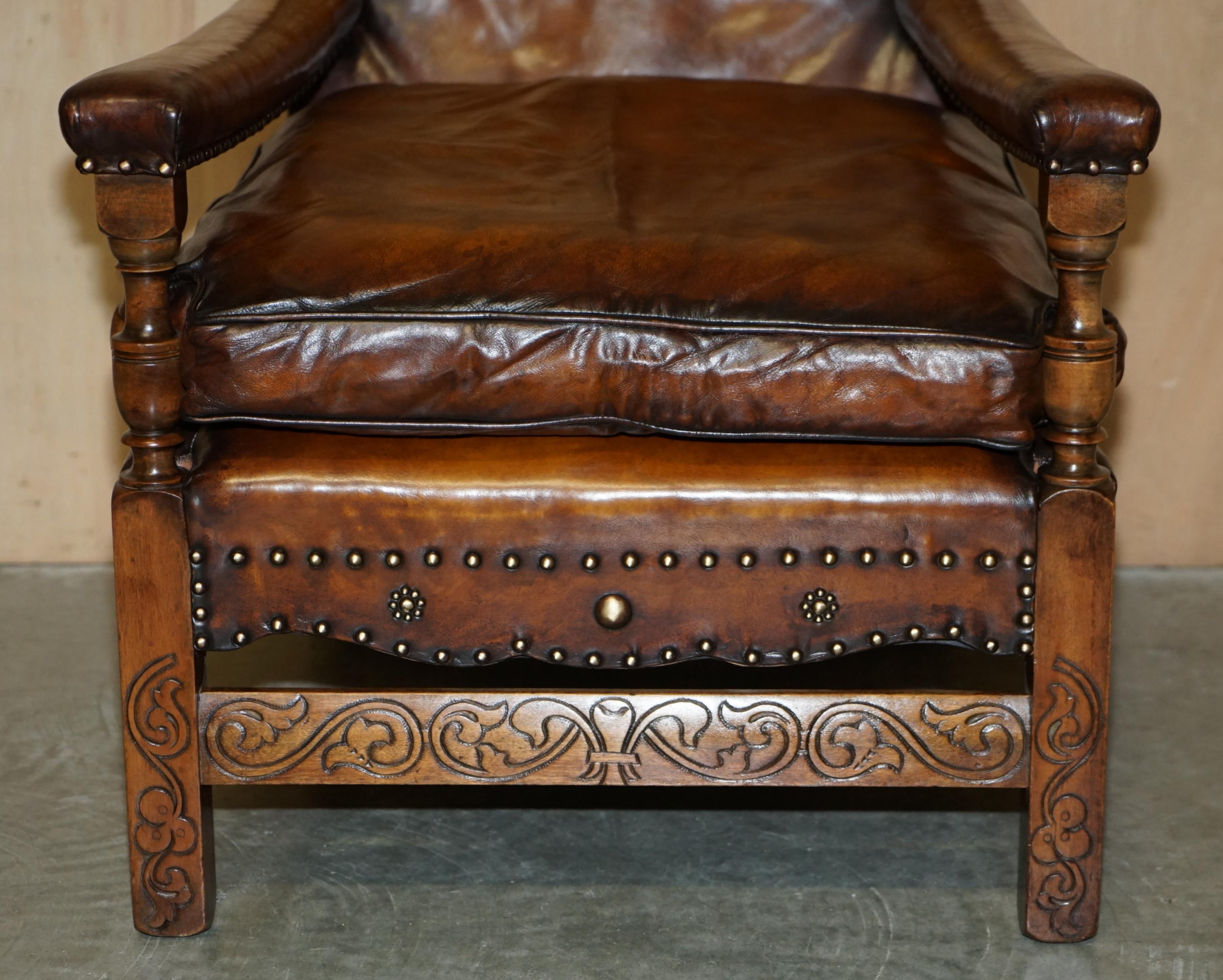 Hand-Crafted Fully Restored Edwardian circa 1910 Hand Dyed Brown Leather Lion Carved Armchair For Sale