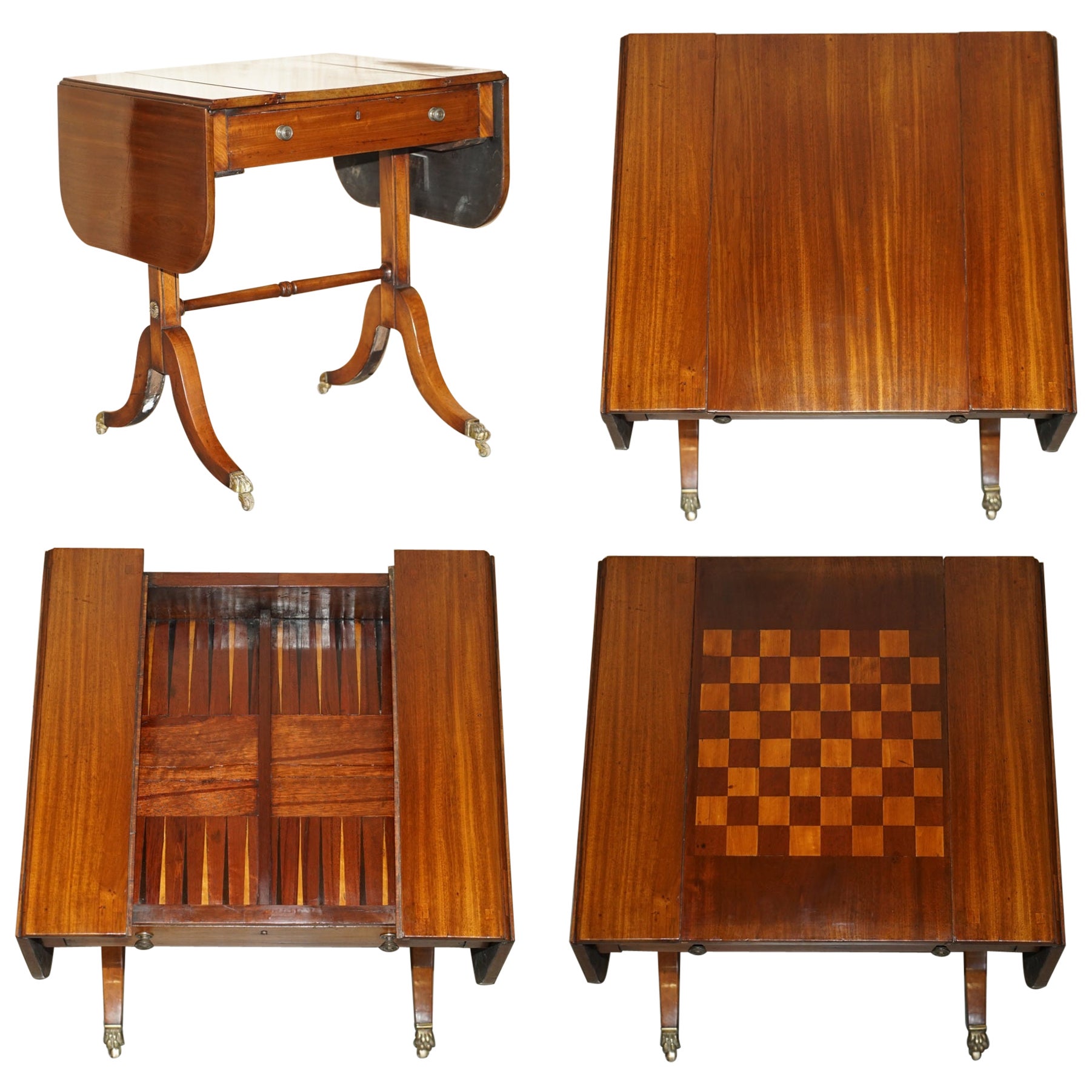 Tavolo da divano antico reggenza allungabile completamente restaurato con scacchiera e backgammon