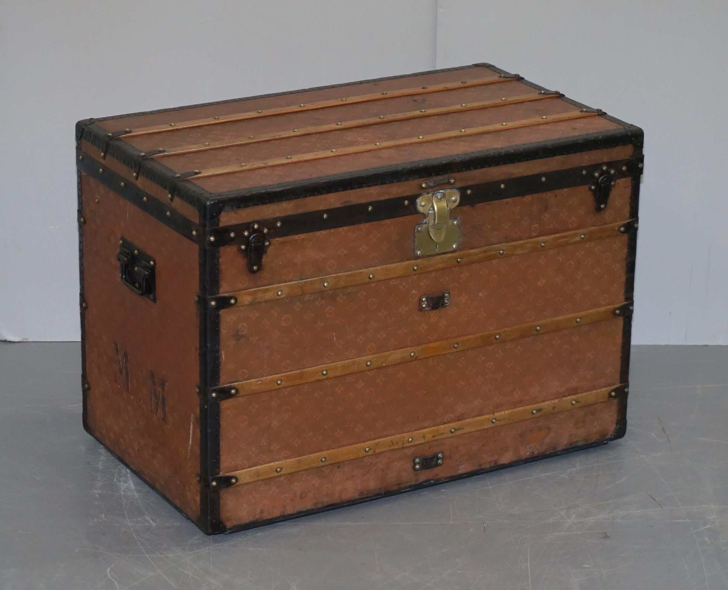 We are delighted to offer for sale this conservation-restoration circa 1900 extra large Louis Vuitton Paris Malle Haute steamer trunk with full monogrammed canvas

Where to begin…… I purchased this trunk from a French arms and militaria dealer who