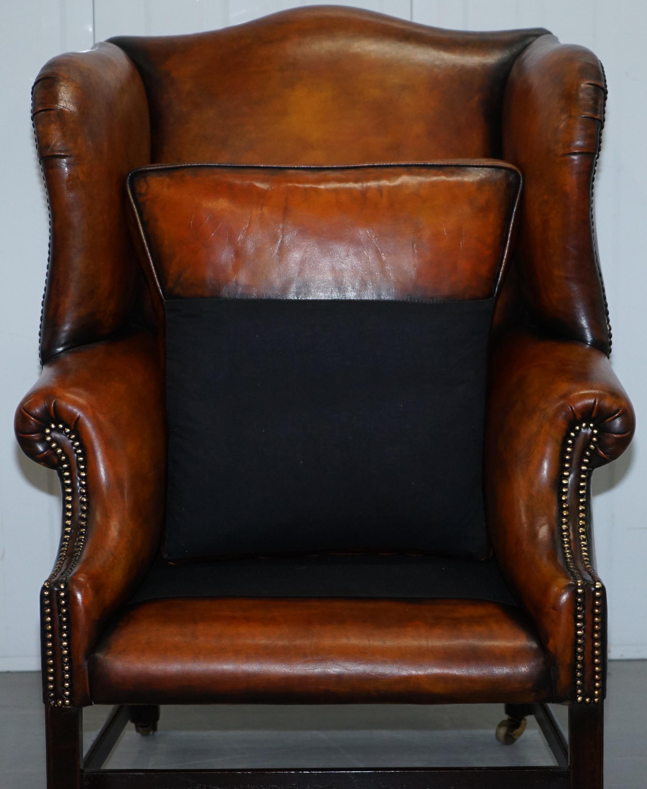 Fully Restored George III Period circa 1780 Wingback Brown Leather Armchair 7