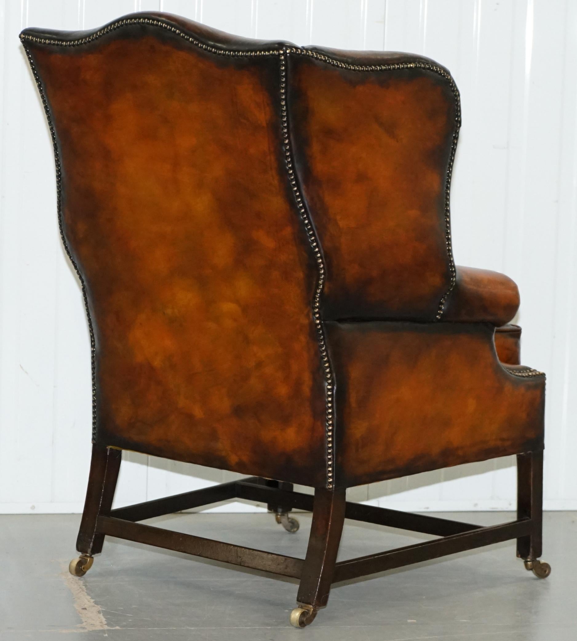 Fully Restored George III Period circa 1780 Wingback Brown Leather Armchair 9