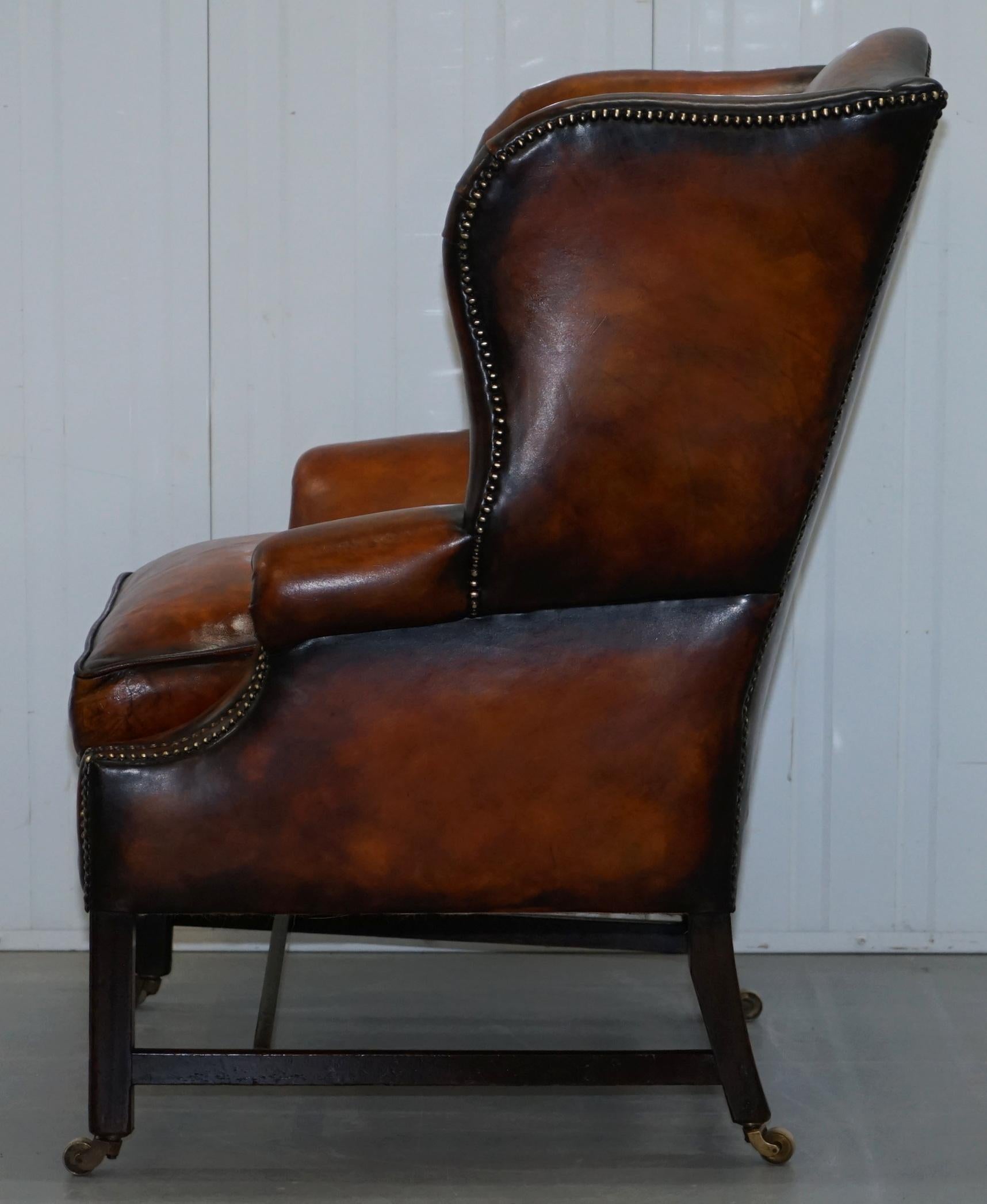 Fully Restored George III Period circa 1780 Wingback Brown Leather Armchair 12