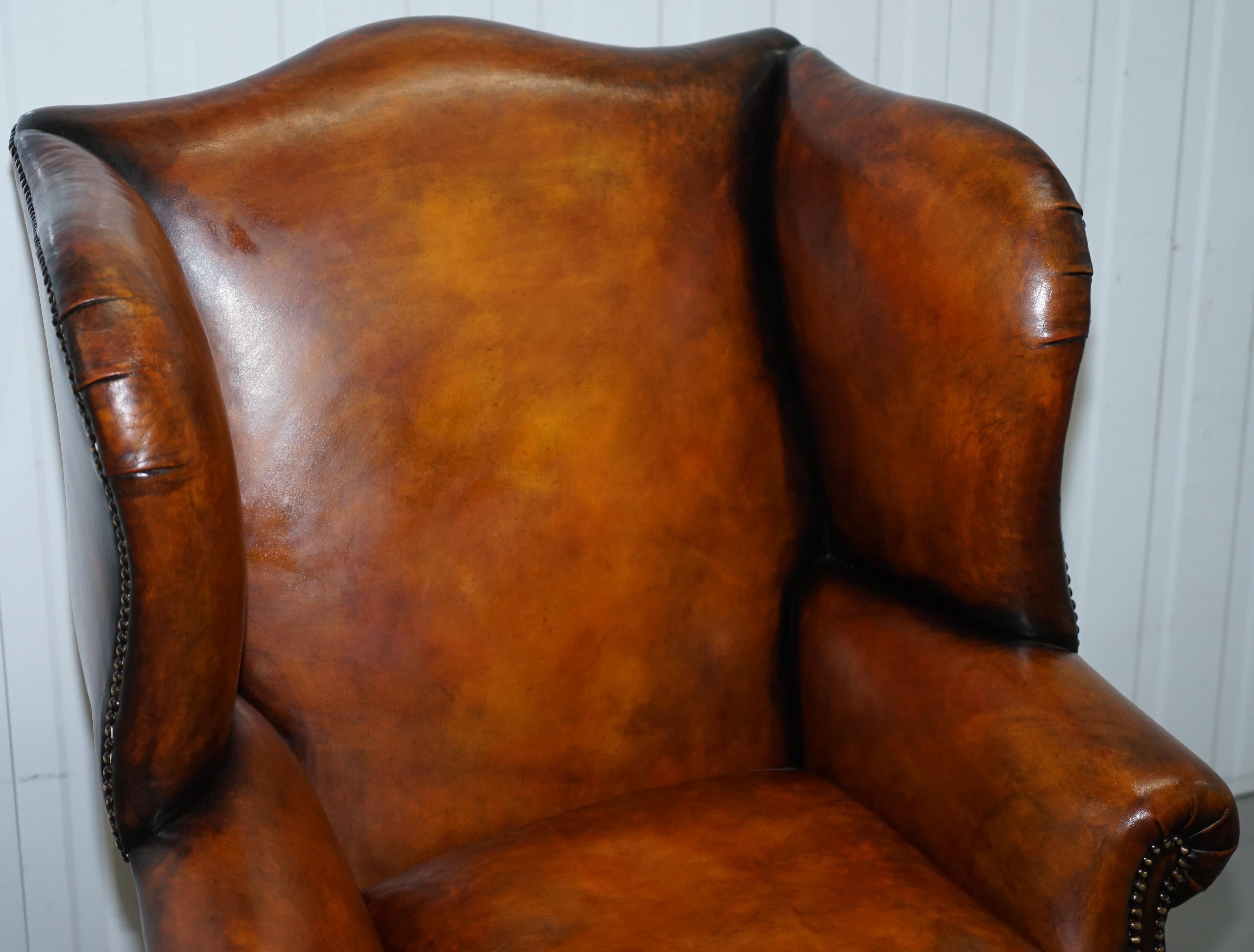 Fully Restored George III Period circa 1780 Wingback Brown Leather Armchair 2
