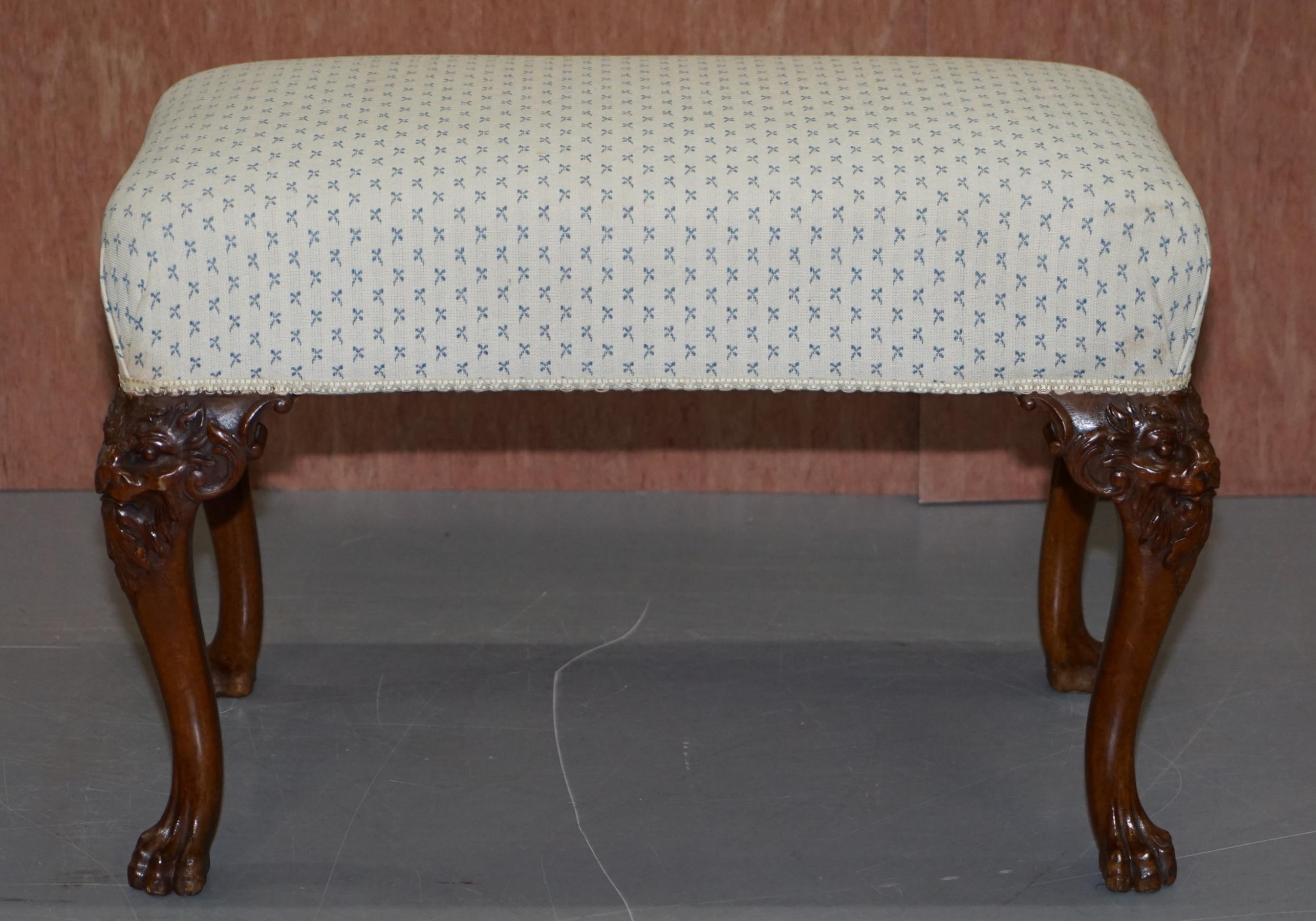 Fully Restored George III Style Hand Carved Bench Stool with Lion Hairy Paw Feet For Sale 6