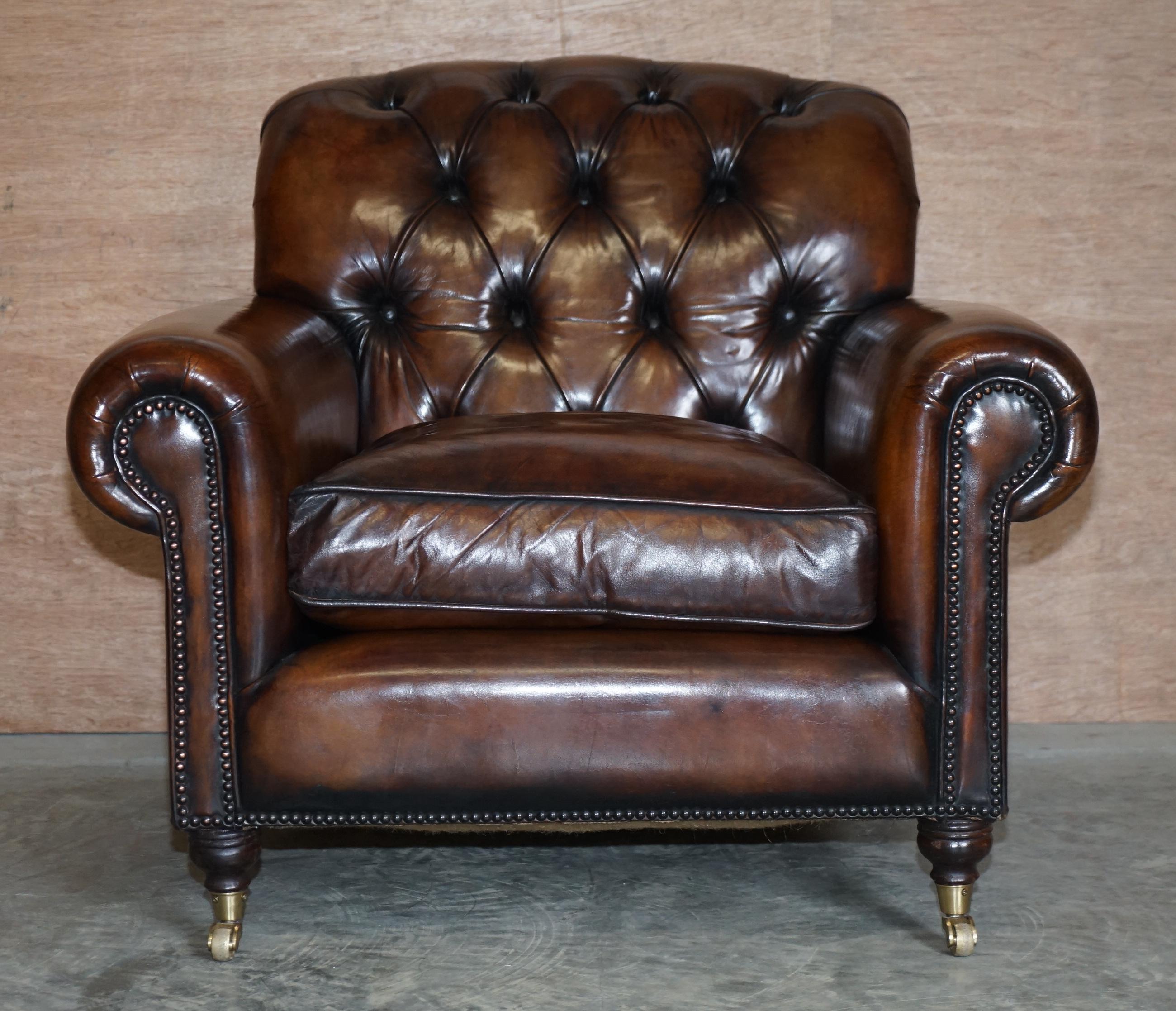 We are delighted to offer for sale this stunning hand made in England fully restored George Smith Cigar brown leather armchair with Chesterfield tufted back

A very comfortable and well made club or lounge armchair, it has an elongated seat