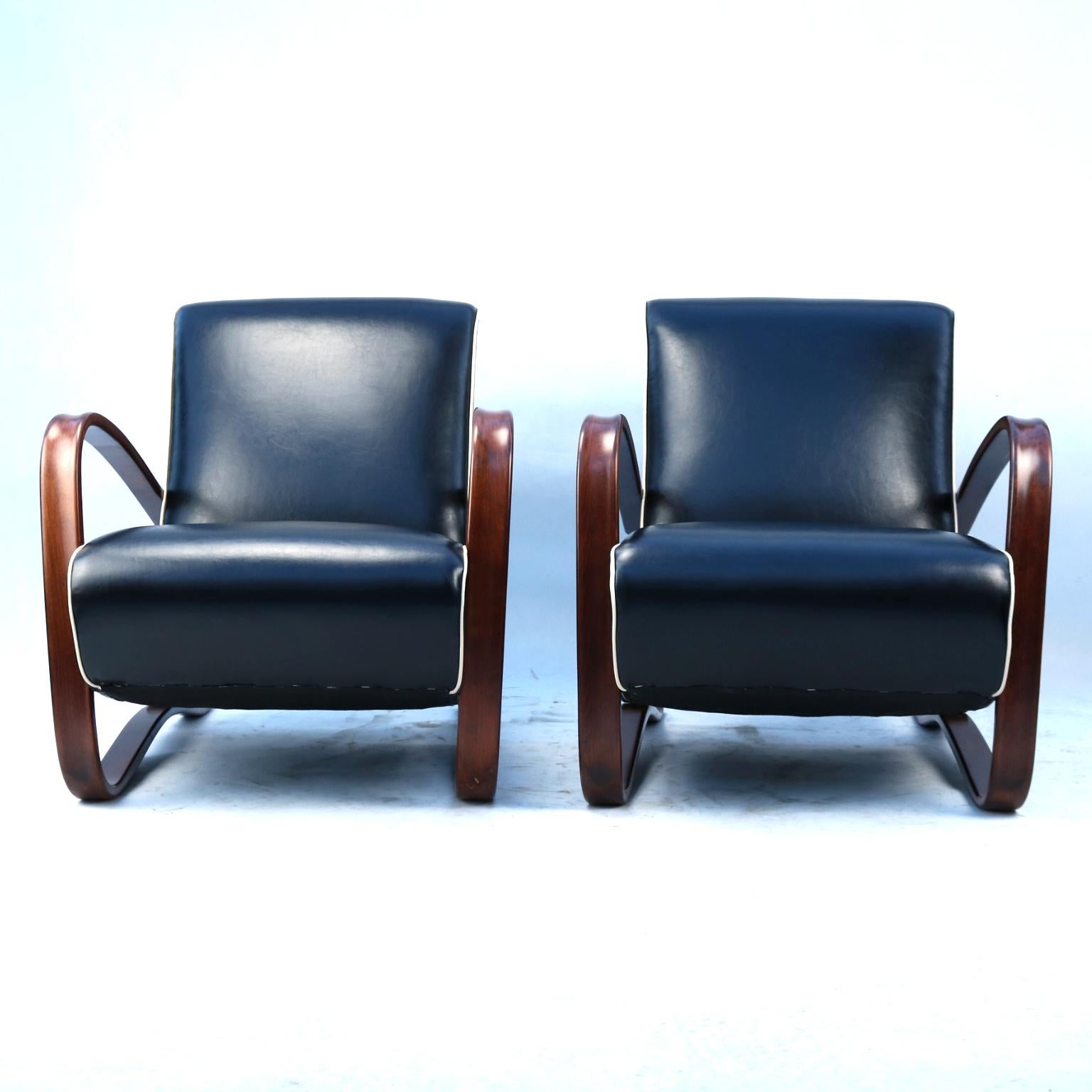 Fully Restored H269 Lounge Chairs in Leather by Jindřich Halabala, 1930s (Art déco)