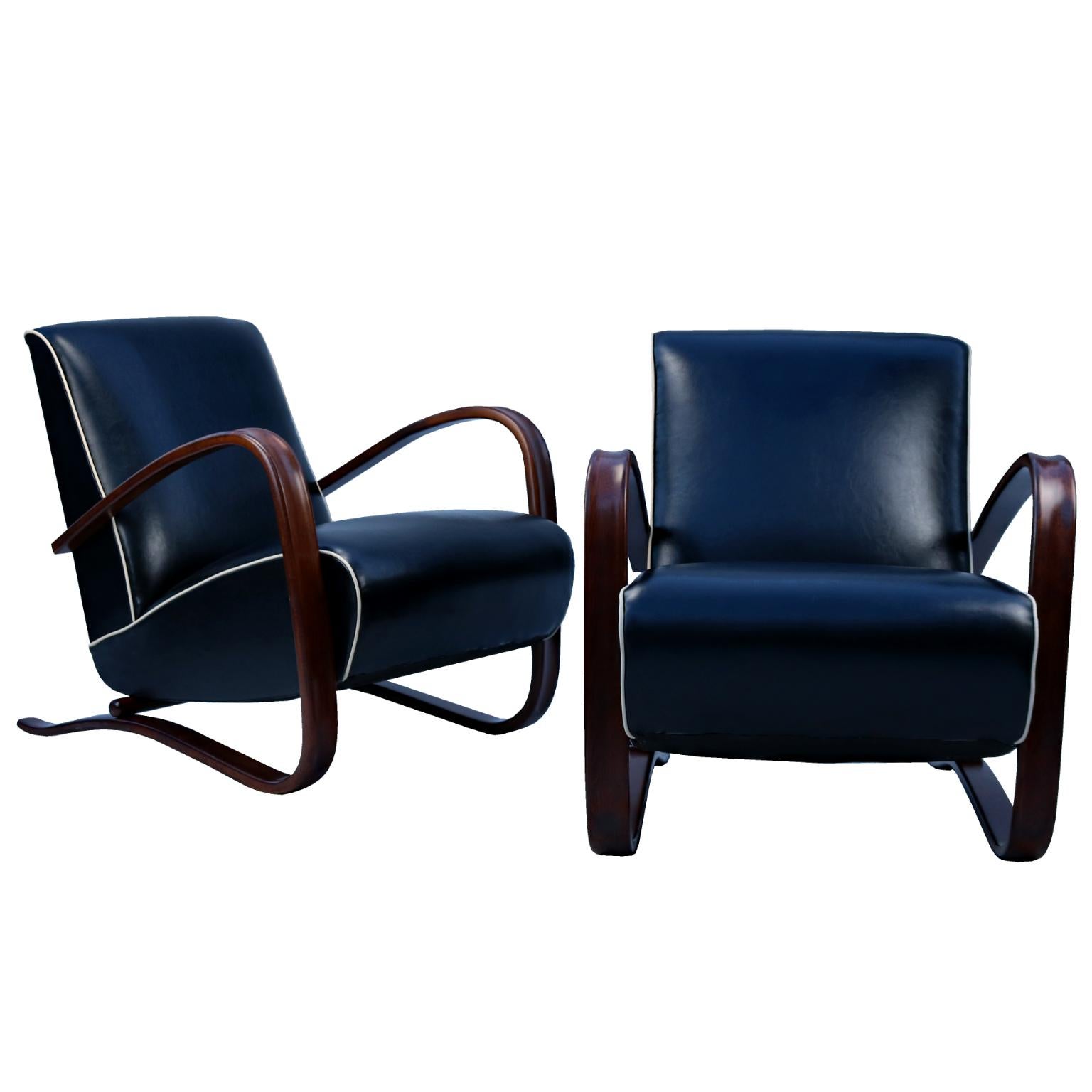 Fully Restored H269 Lounge Chairs in Leather by Jindřich Halabala, 1930s