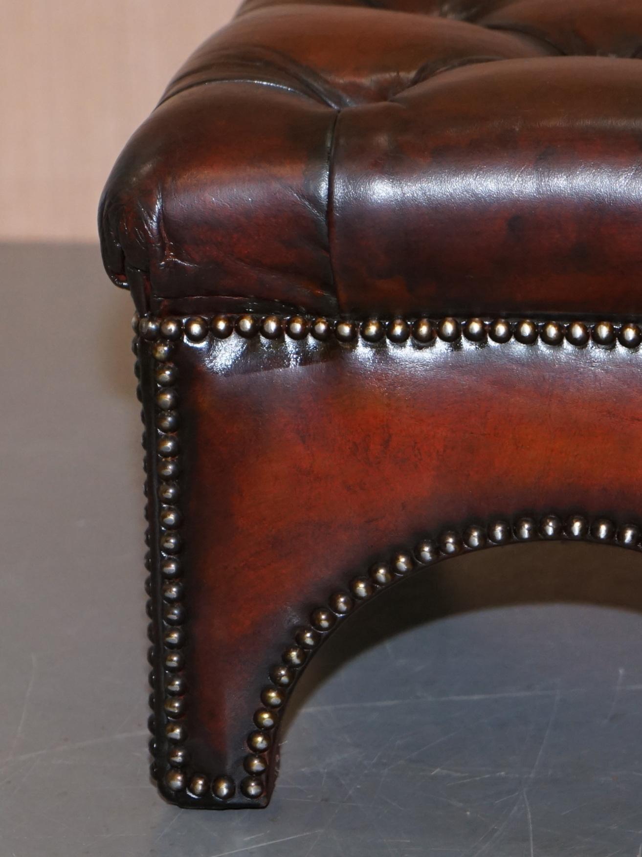 Fully Restored Hand Dyed Bordeaux Brown Leather Chesterfield Tufted Footstool 4