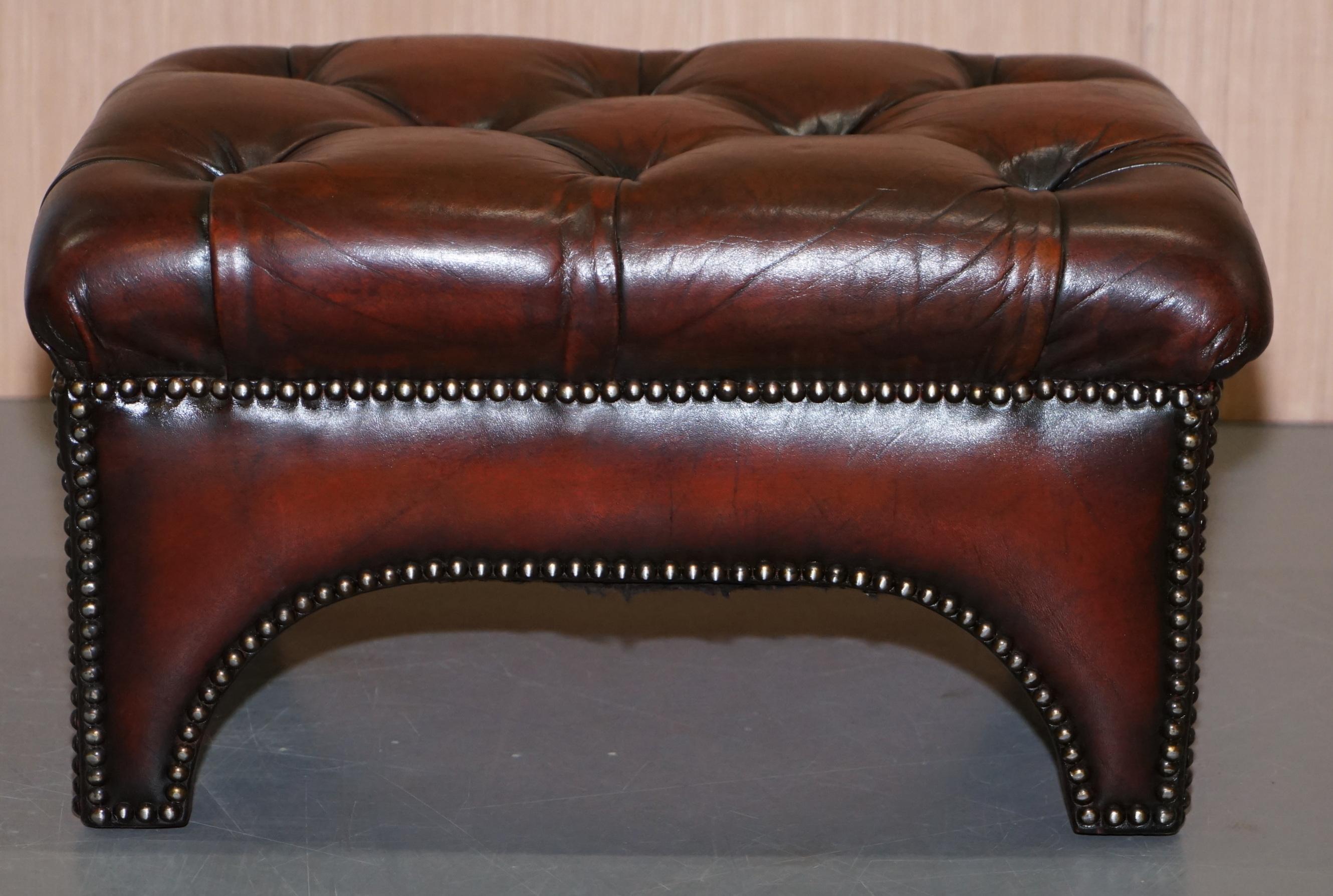Fully Restored Hand Dyed Bordeaux Brown Leather Chesterfield Tufted Footstool 5
