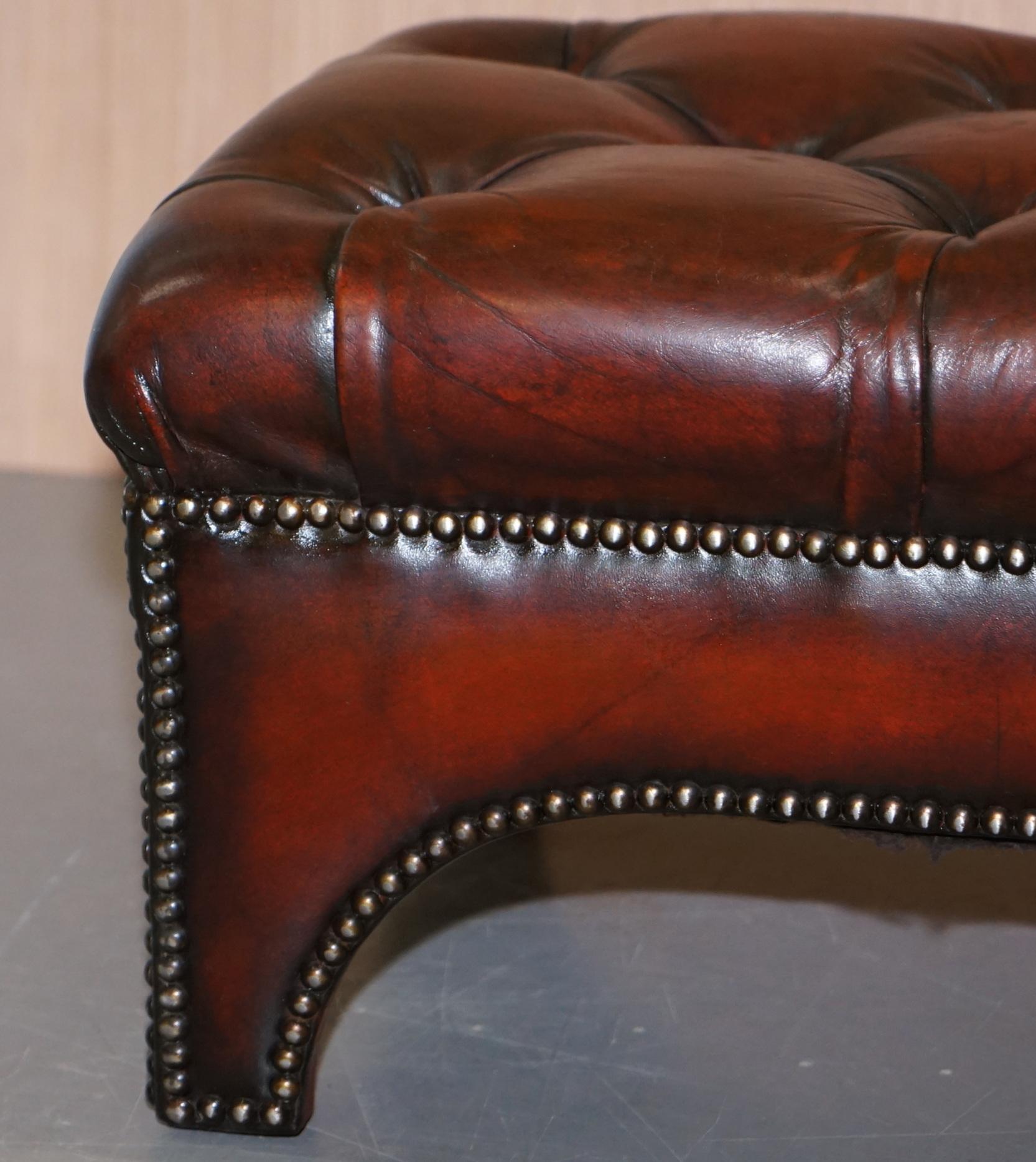 Fully Restored Hand Dyed Bordeaux Brown Leather Chesterfield Tufted Footstool 6