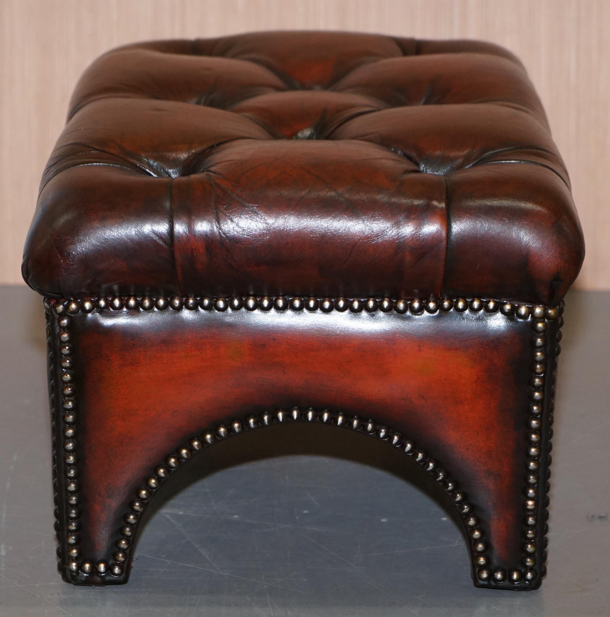Fully Restored Hand Dyed Bordeaux Brown Leather Chesterfield Tufted Footstool 7