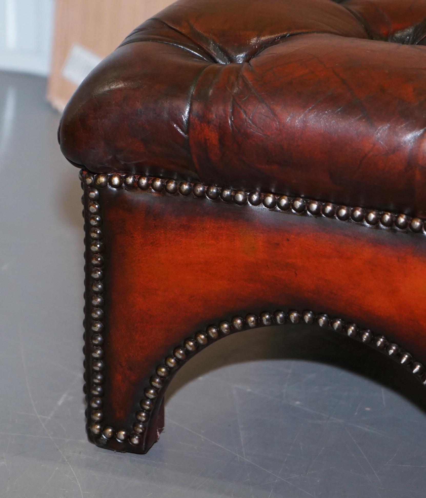 Fully Restored Hand Dyed Bordeaux Brown Leather Chesterfield Tufted Footstool 8