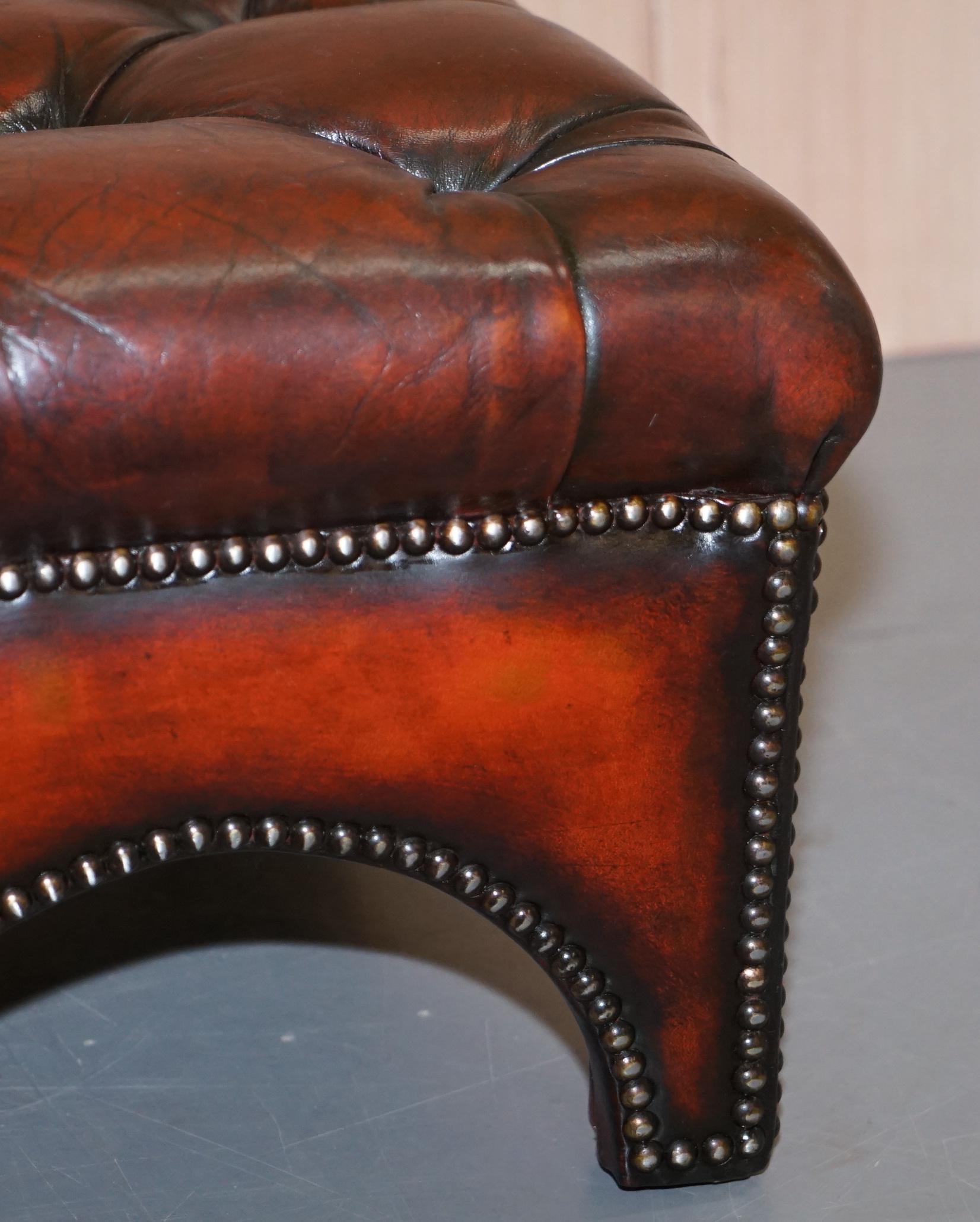 Fully Restored Hand Dyed Bordeaux Brown Leather Chesterfield Tufted Footstool 9