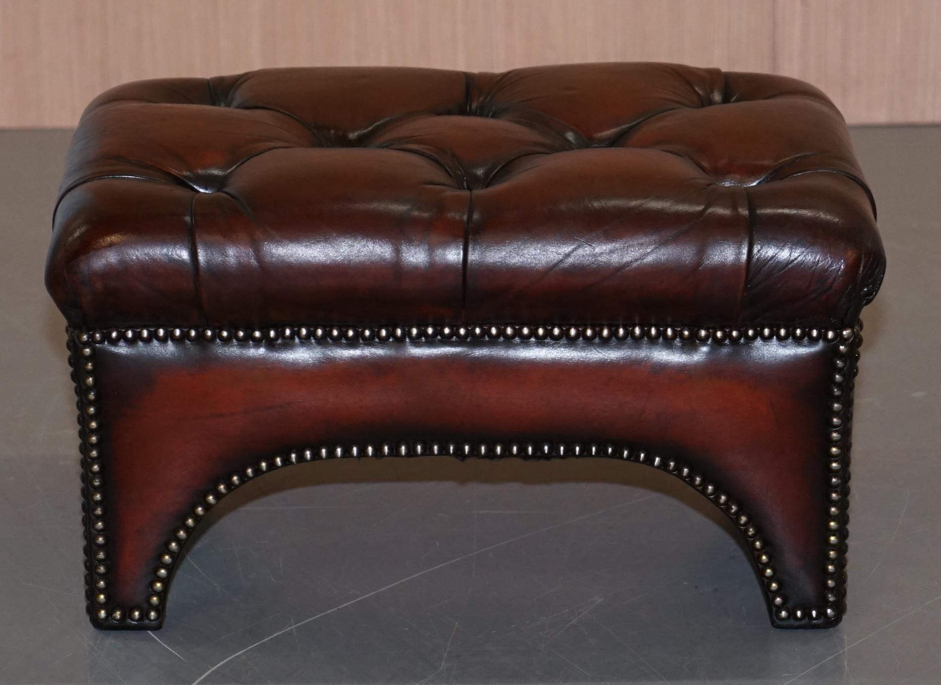 We are delighted to offer for sale this absolutely stunning fully restored Bordeaux brown leather Chesterfield tufted footstool 

A good looking and well made piece, it has been fully restored to include being stripped back, hand dyed, antiqued,