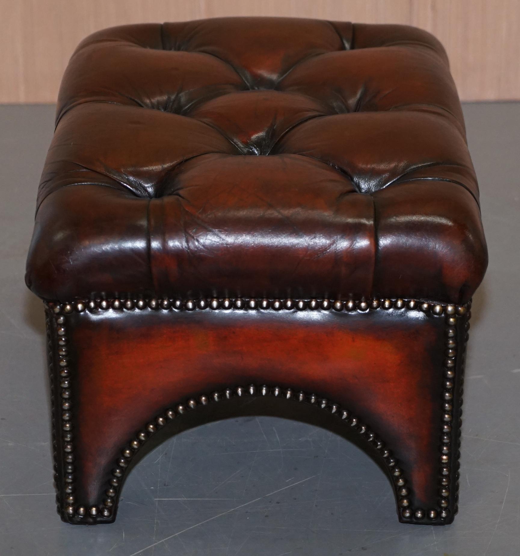 English Fully Restored Hand Dyed Bordeaux Brown Leather Chesterfield Tufted Footstool