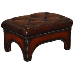 Vintage Fully Restored Hand Dyed Bordeaux Brown Leather Chesterfield Tufted Footstool