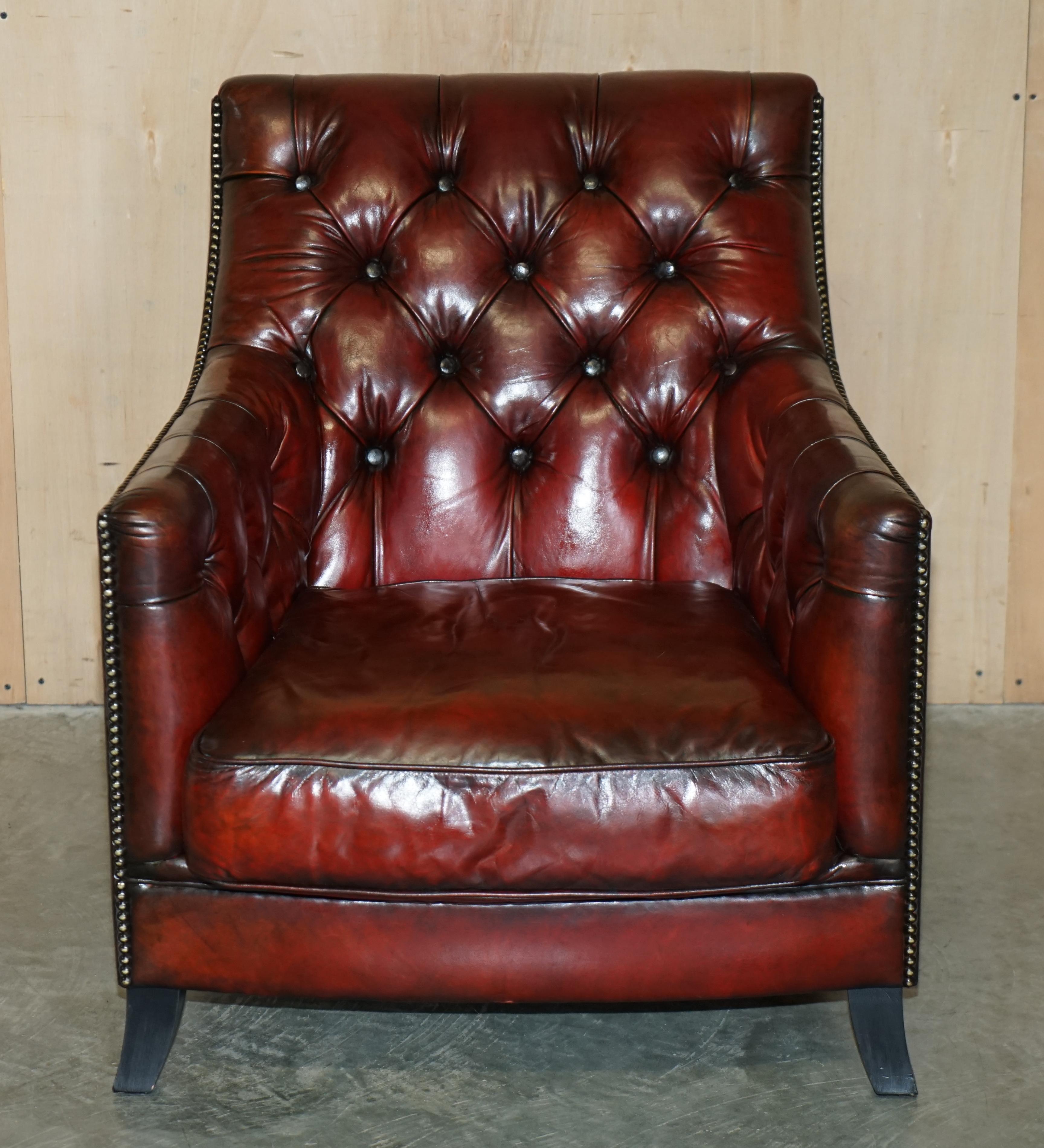 Fully Restored Hand Dyed Bordeaux Leather Chesterfield Suite Armchair & Sofa For Sale 8