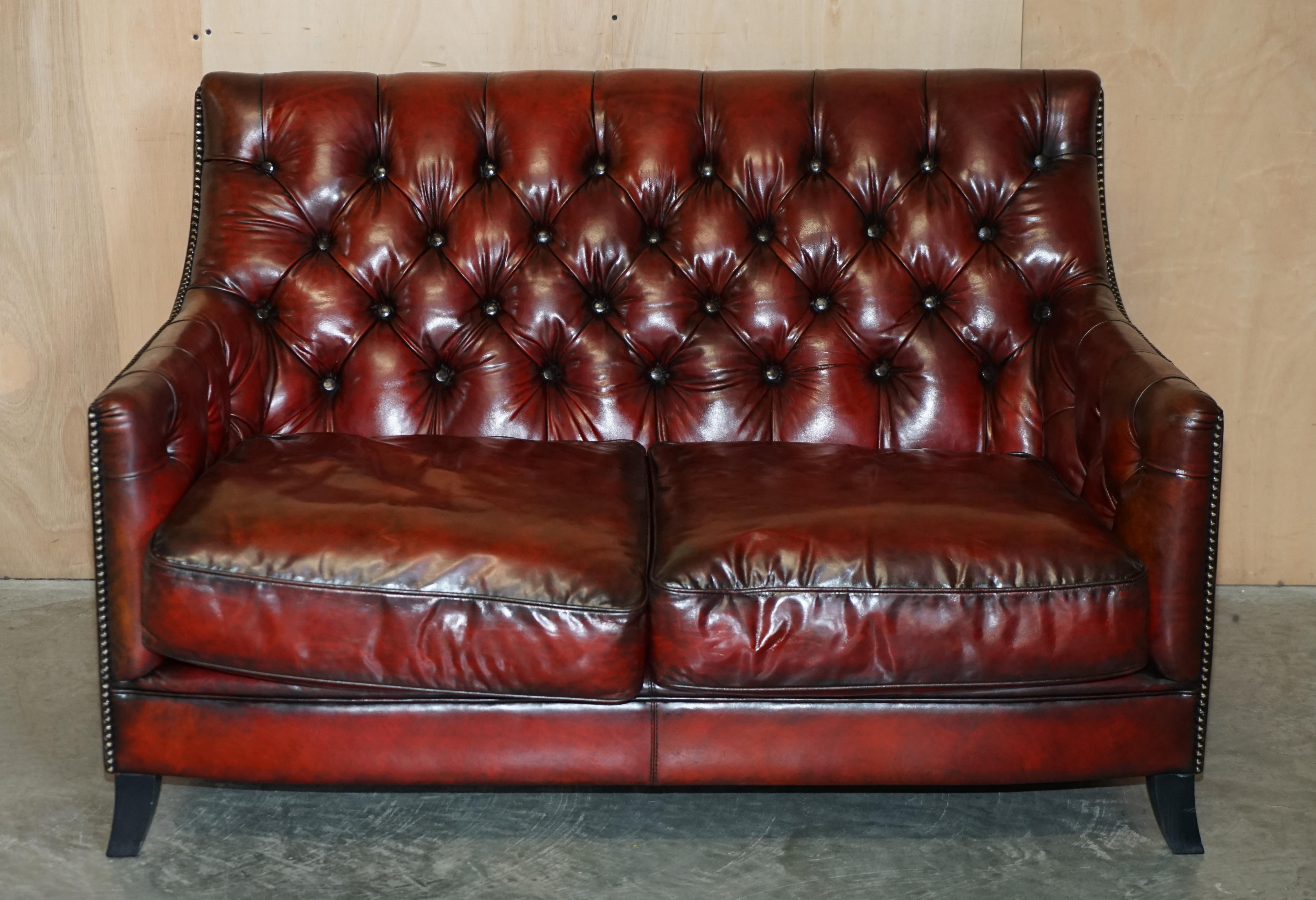 English Fully Restored Hand Dyed Bordeaux Leather Chesterfield Suite Armchair & Sofa For Sale