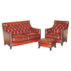 Vintage Fully Restored Hand Dyed Bordeaux Leather Chesterfield Suite Armchair & Sofa