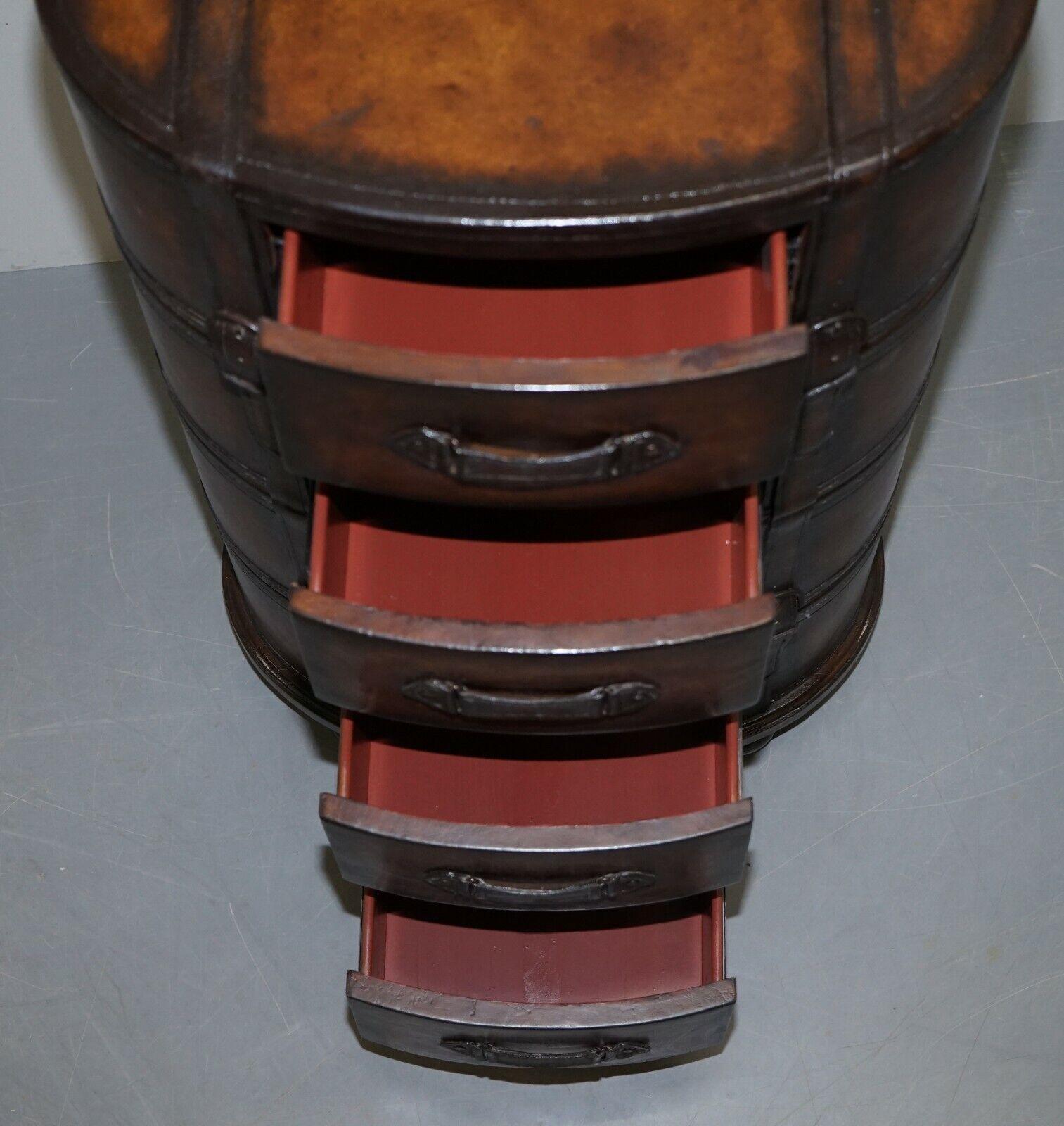 Fully Restored Hand Dyed Brown Leather Oval Luggage Tall Boy Chest of Drawers For Sale 5