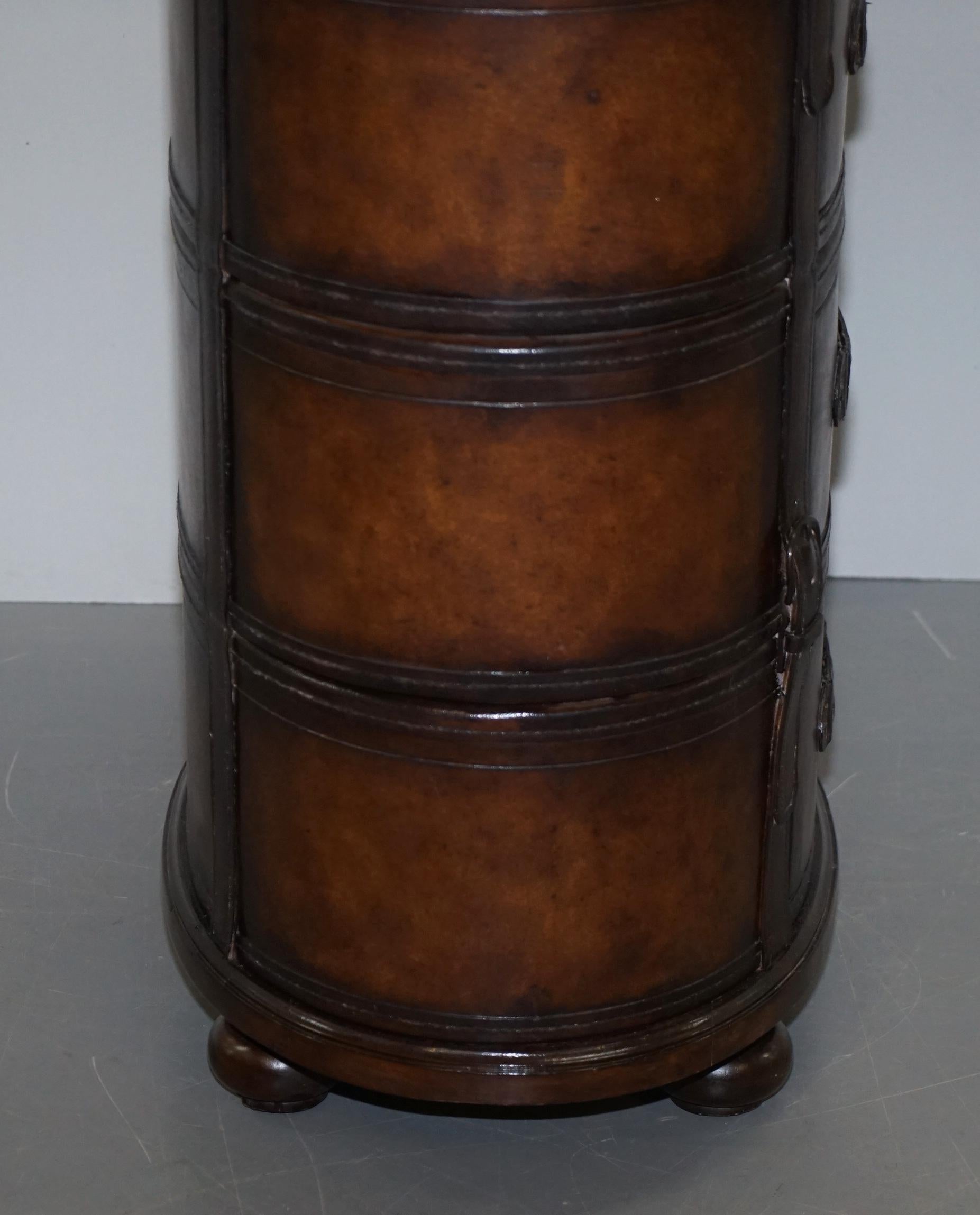 Fully Restored Hand Dyed Brown Leather Oval Luggage Tall Boy Chest of Drawers 4