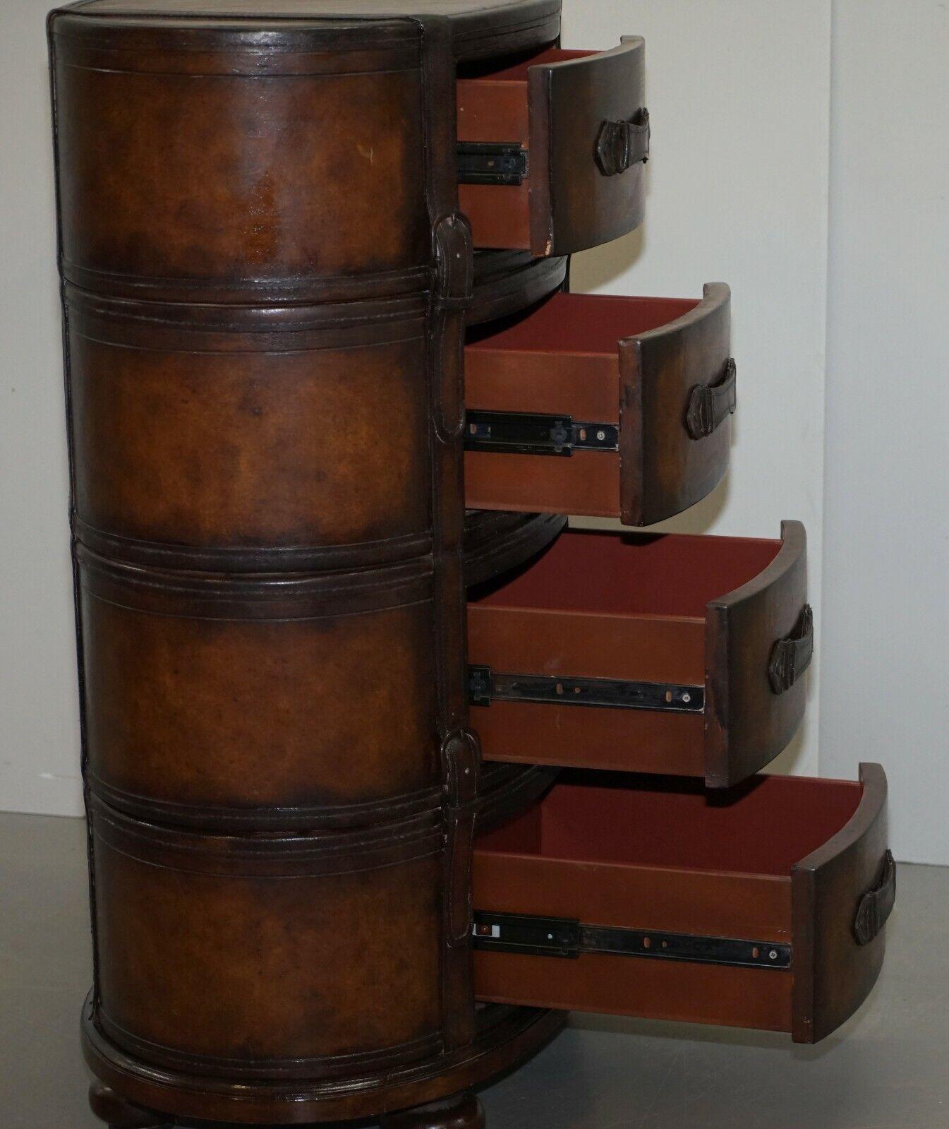 Fully Restored Hand Dyed Brown Leather Oval Luggage Tall Boy Chest of Drawers For Sale 6