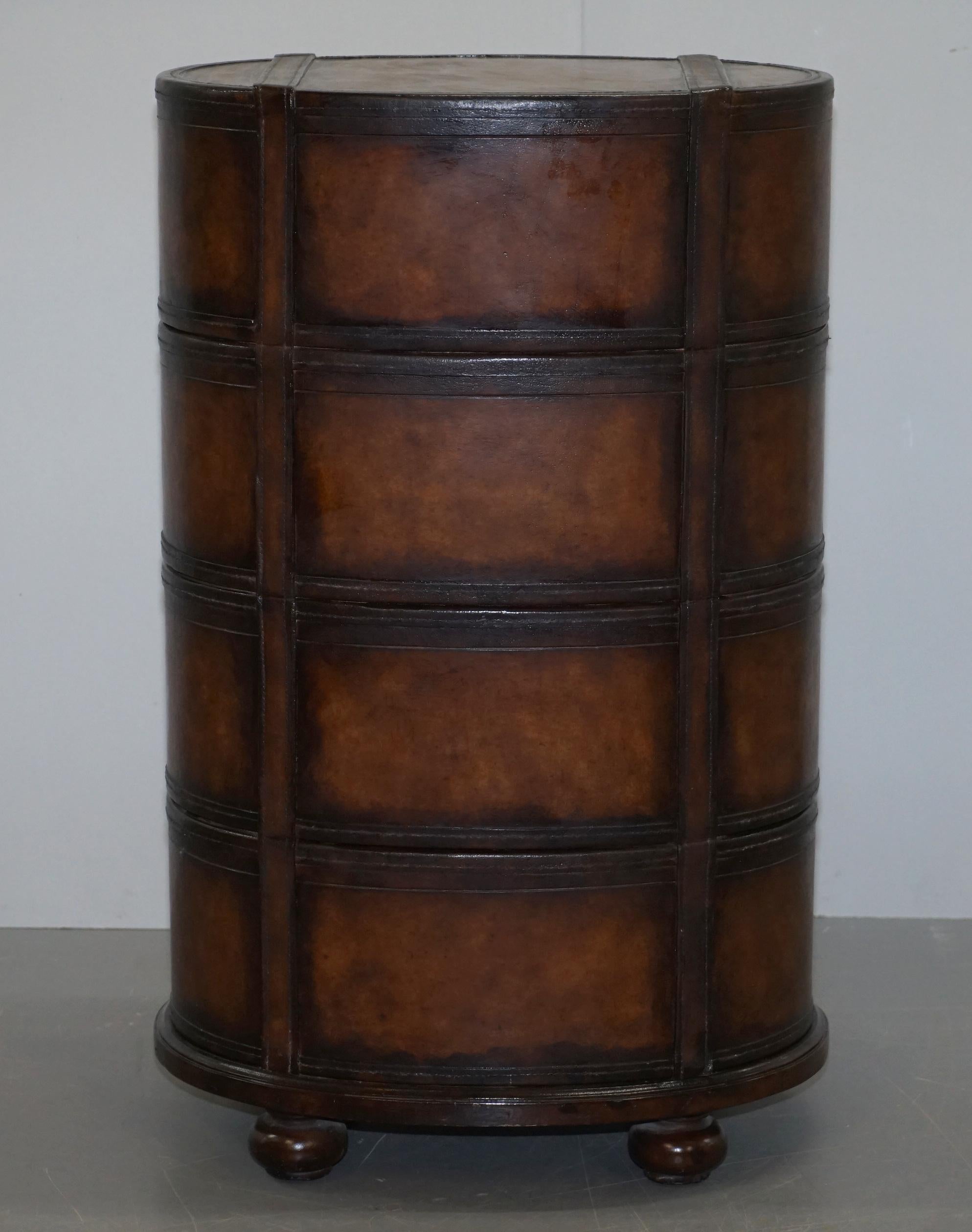Fully Restored Hand Dyed Brown Leather Oval Luggage Tall Boy Chest of Drawers 5