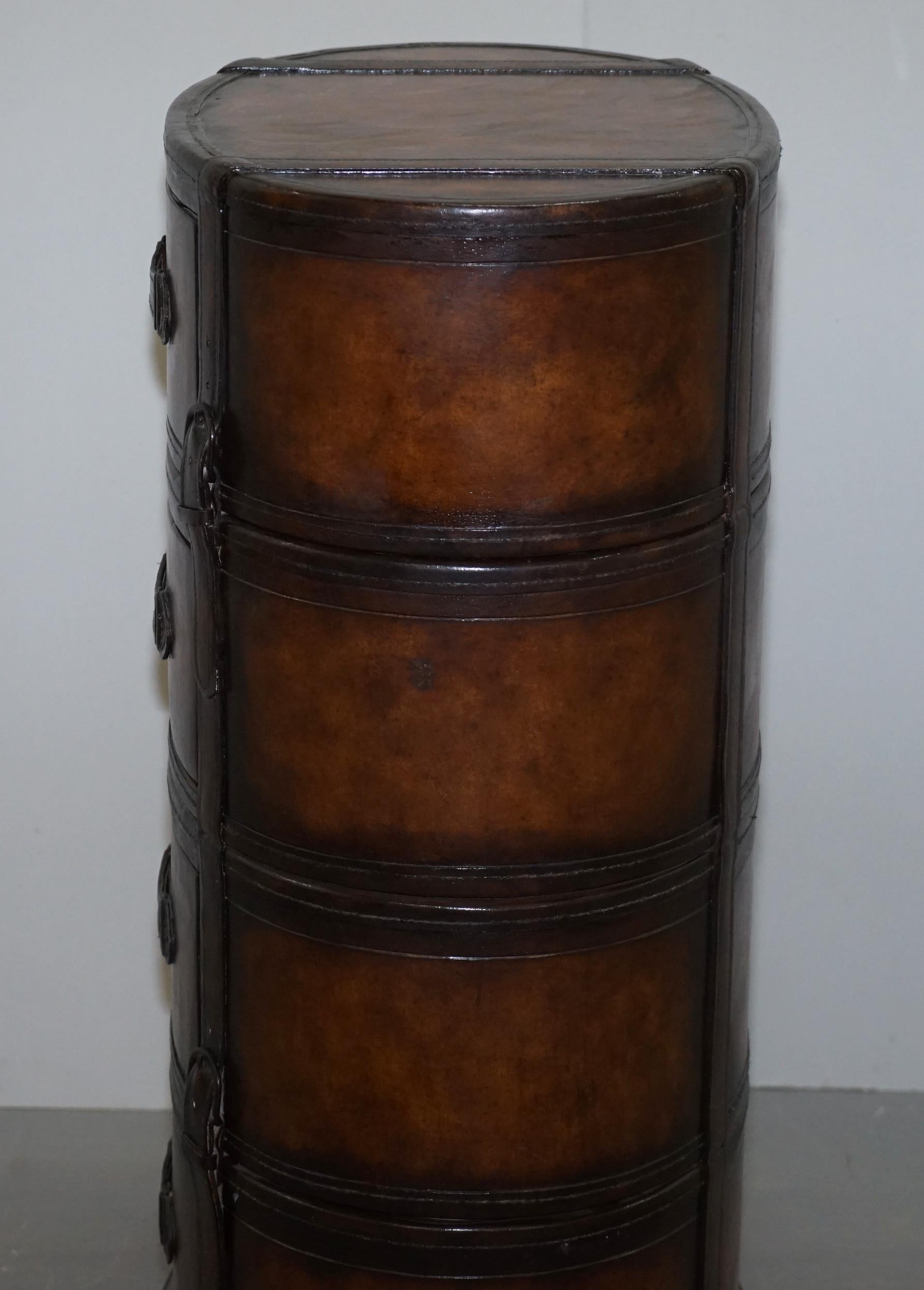 Fully Restored Hand Dyed Brown Leather Oval Luggage Tall Boy Chest of Drawers 8