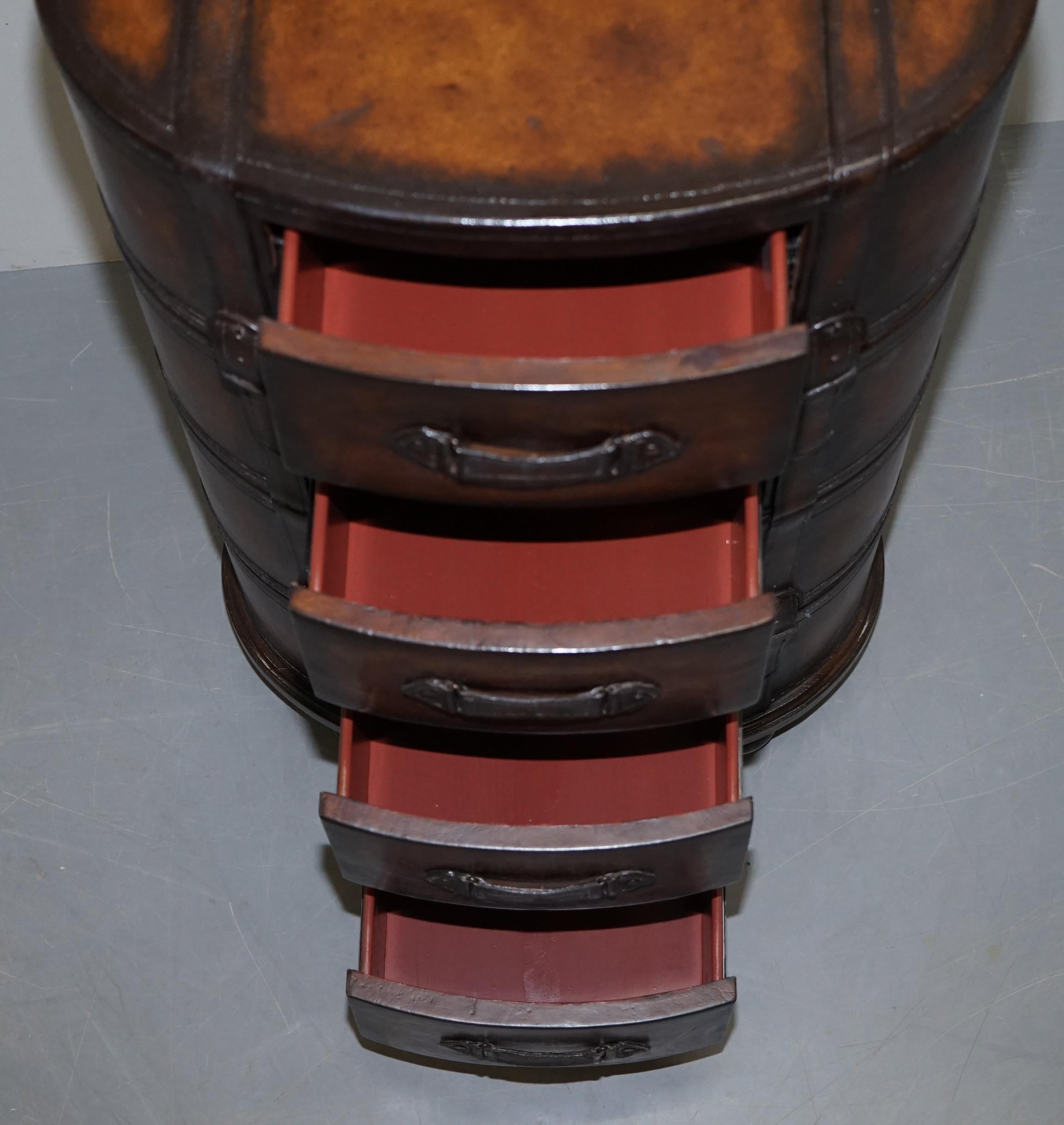 Fully Restored Hand Dyed Brown Leather Oval Luggage Tall Boy Chest of Drawers 11