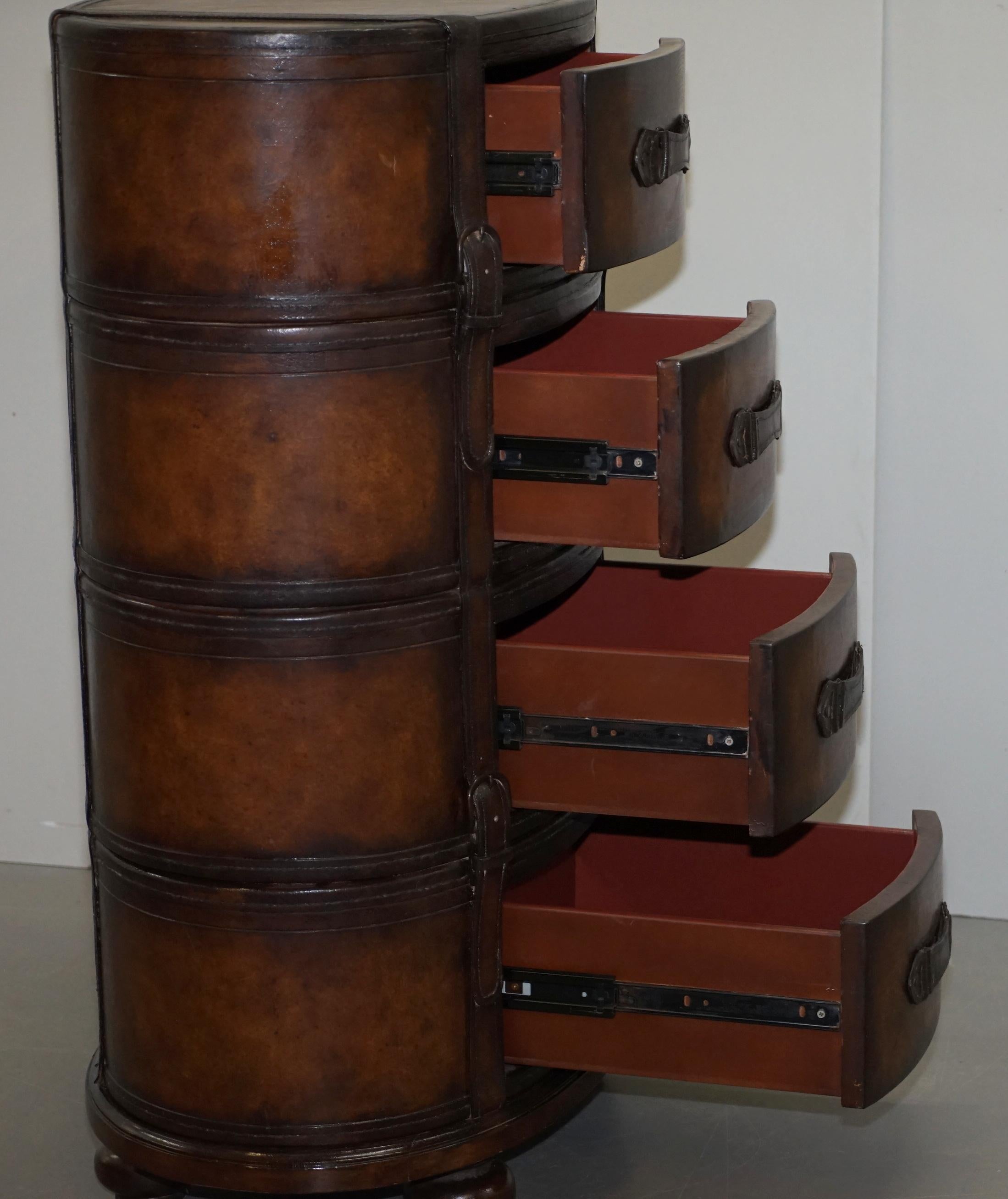 Fully Restored Hand Dyed Brown Leather Oval Luggage Tall Boy Chest of Drawers 12