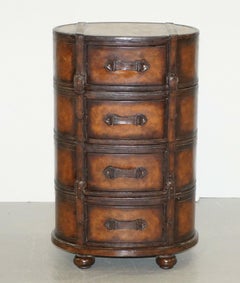 Fully Restored Hand Dyed Brown Leather Oval Luggage Tall Boy Chest of Drawers