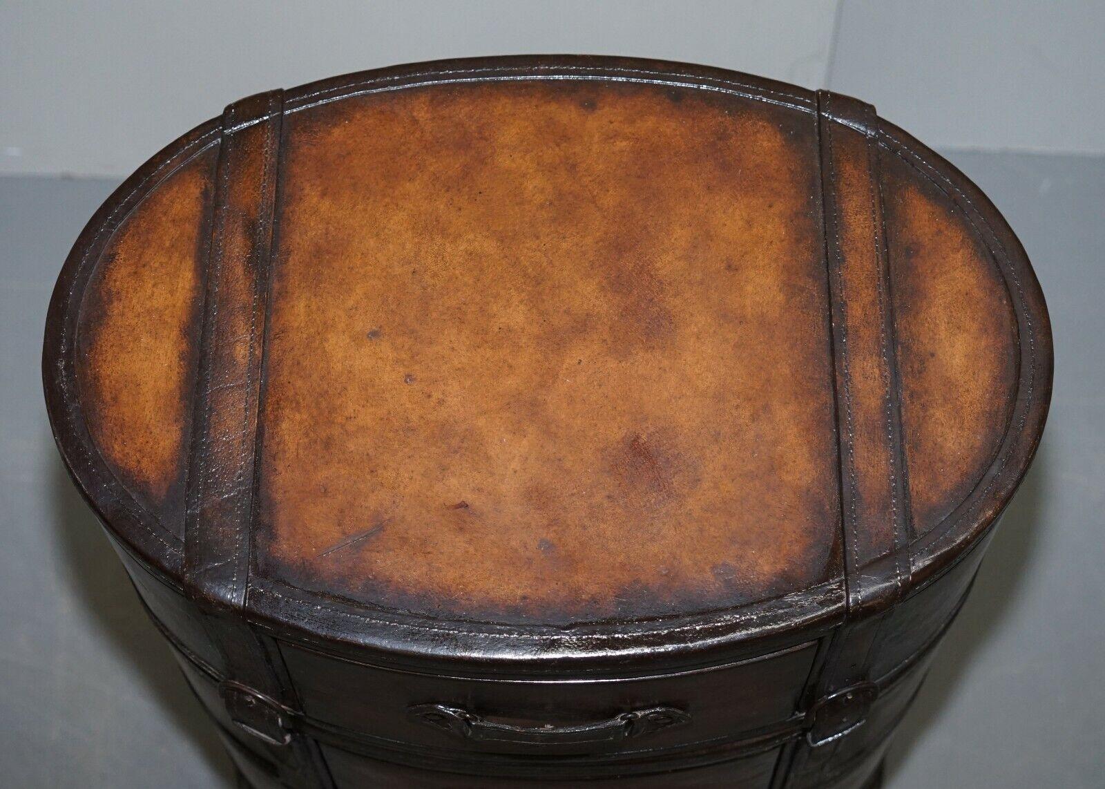 English Fully Restored Hand Dyed Brown Leather Oval Luggage Tall Boy Chest of Drawers For Sale