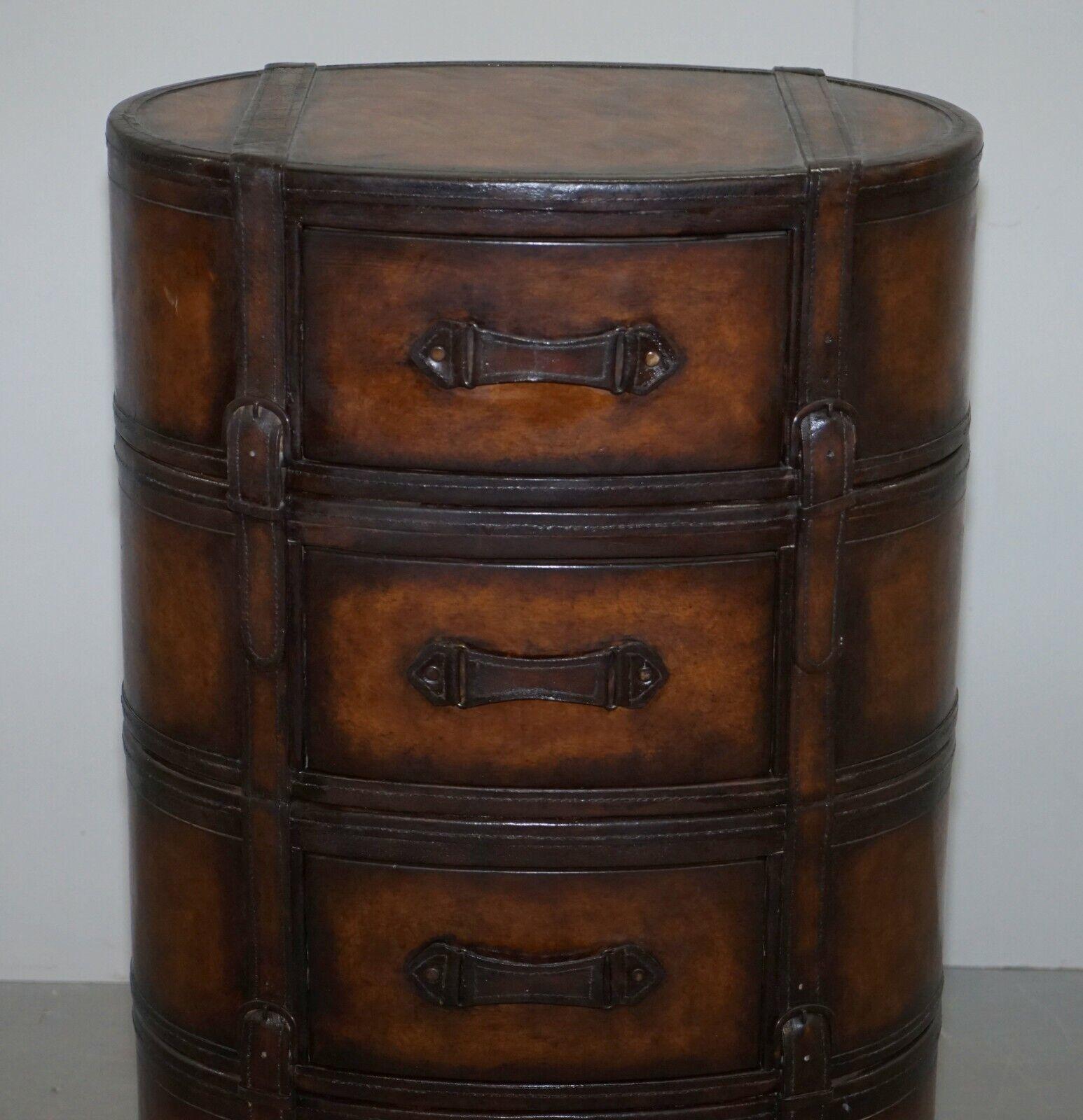 Hand-Crafted Fully Restored Hand Dyed Brown Leather Oval Luggage Tall Boy Chest of Drawers For Sale