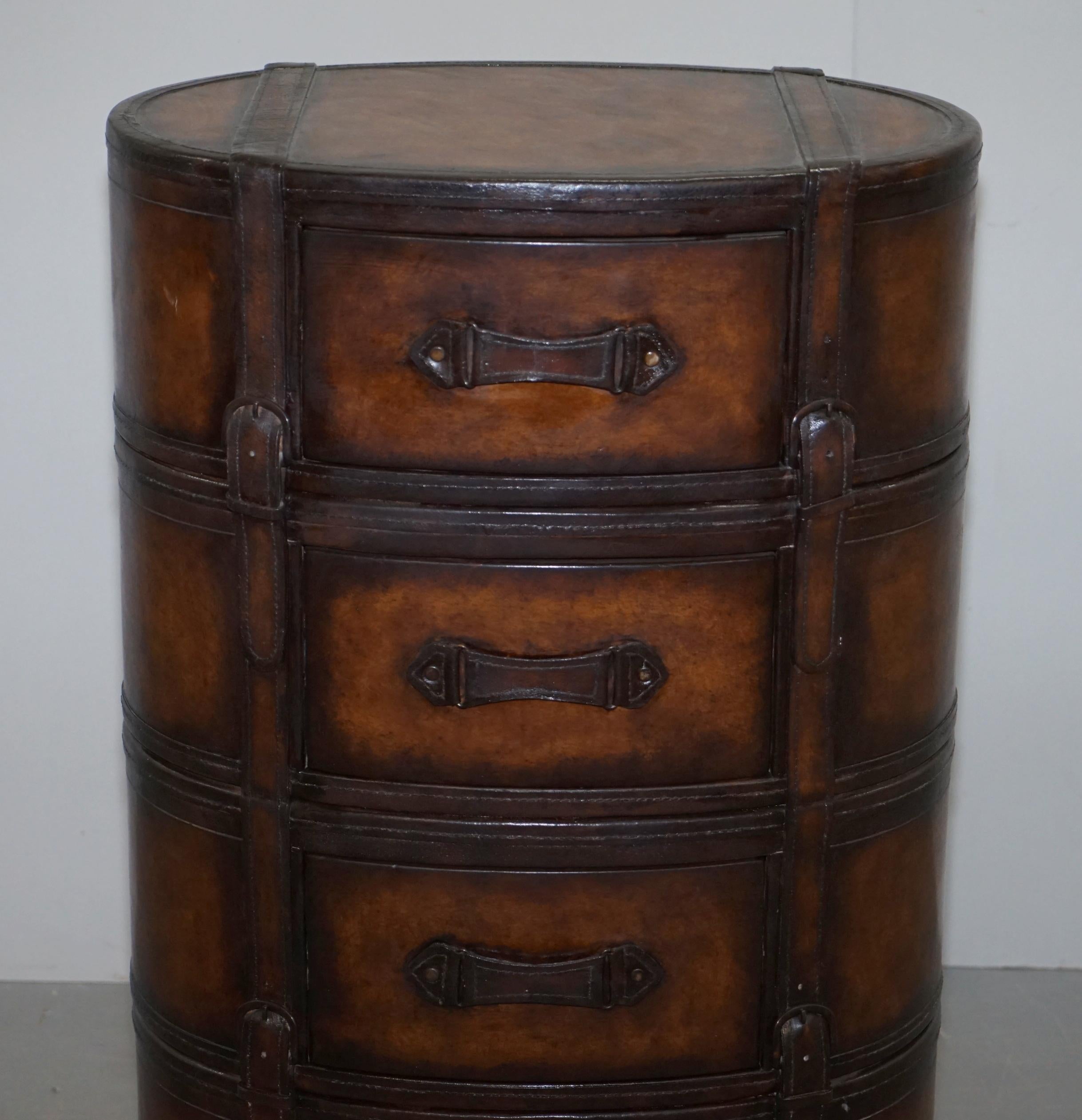 Hand-Crafted Fully Restored Hand Dyed Brown Leather Oval Luggage Tall Boy Chest of Drawers