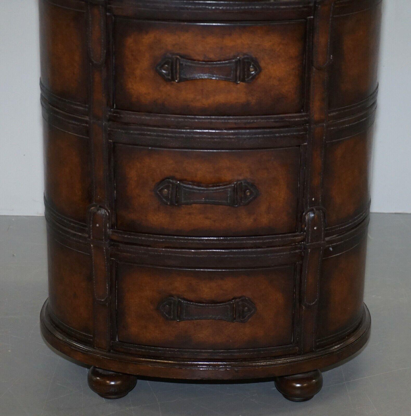 20th Century Fully Restored Hand Dyed Brown Leather Oval Luggage Tall Boy Chest of Drawers For Sale