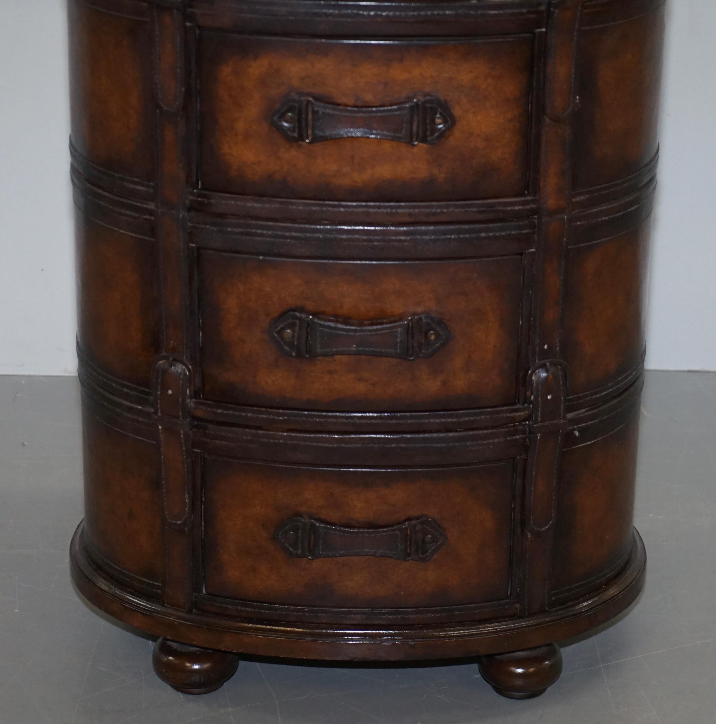 20th Century Fully Restored Hand Dyed Brown Leather Oval Luggage Tall Boy Chest of Drawers