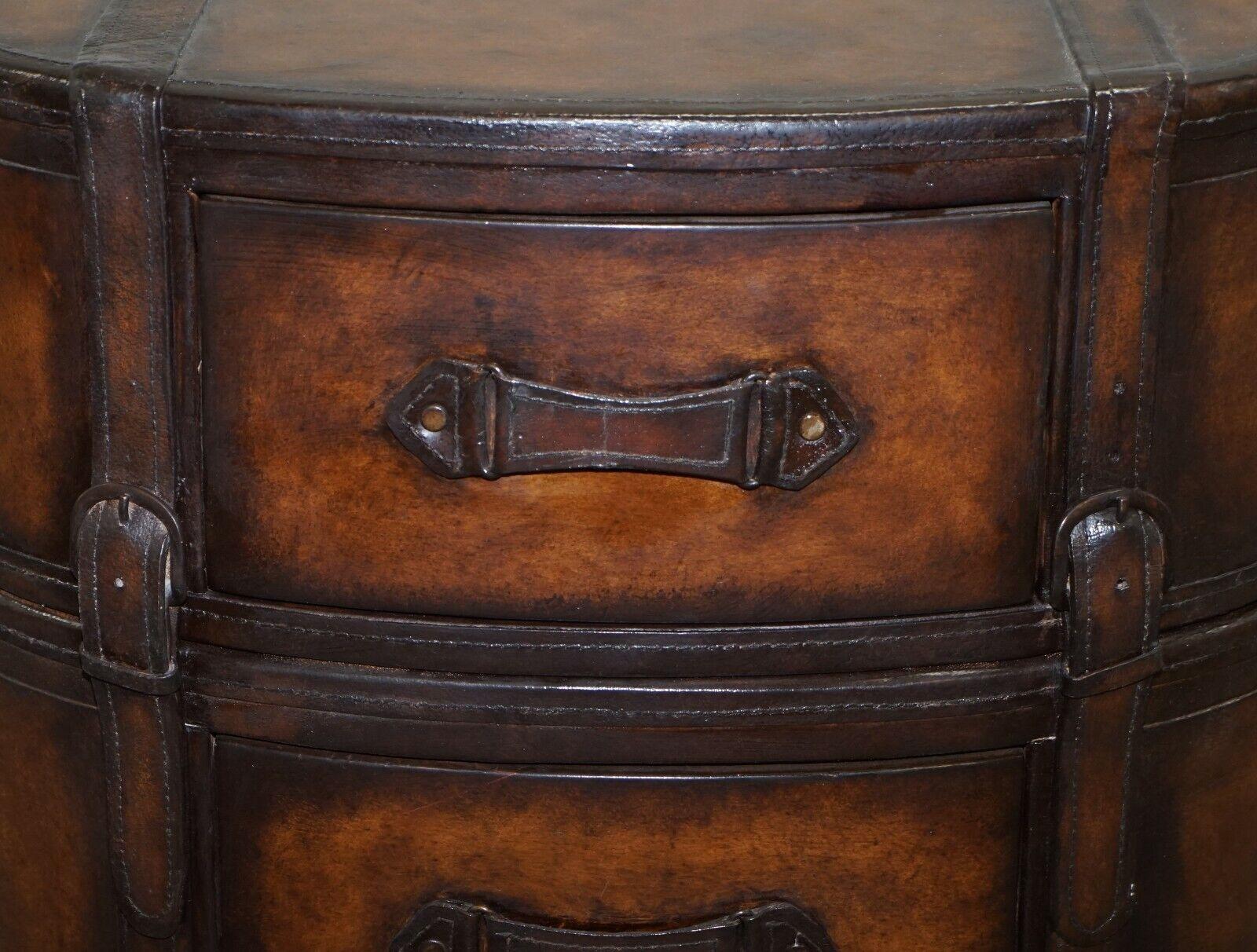 Fully Restored Hand Dyed Brown Leather Oval Luggage Tall Boy Chest of Drawers For Sale 1