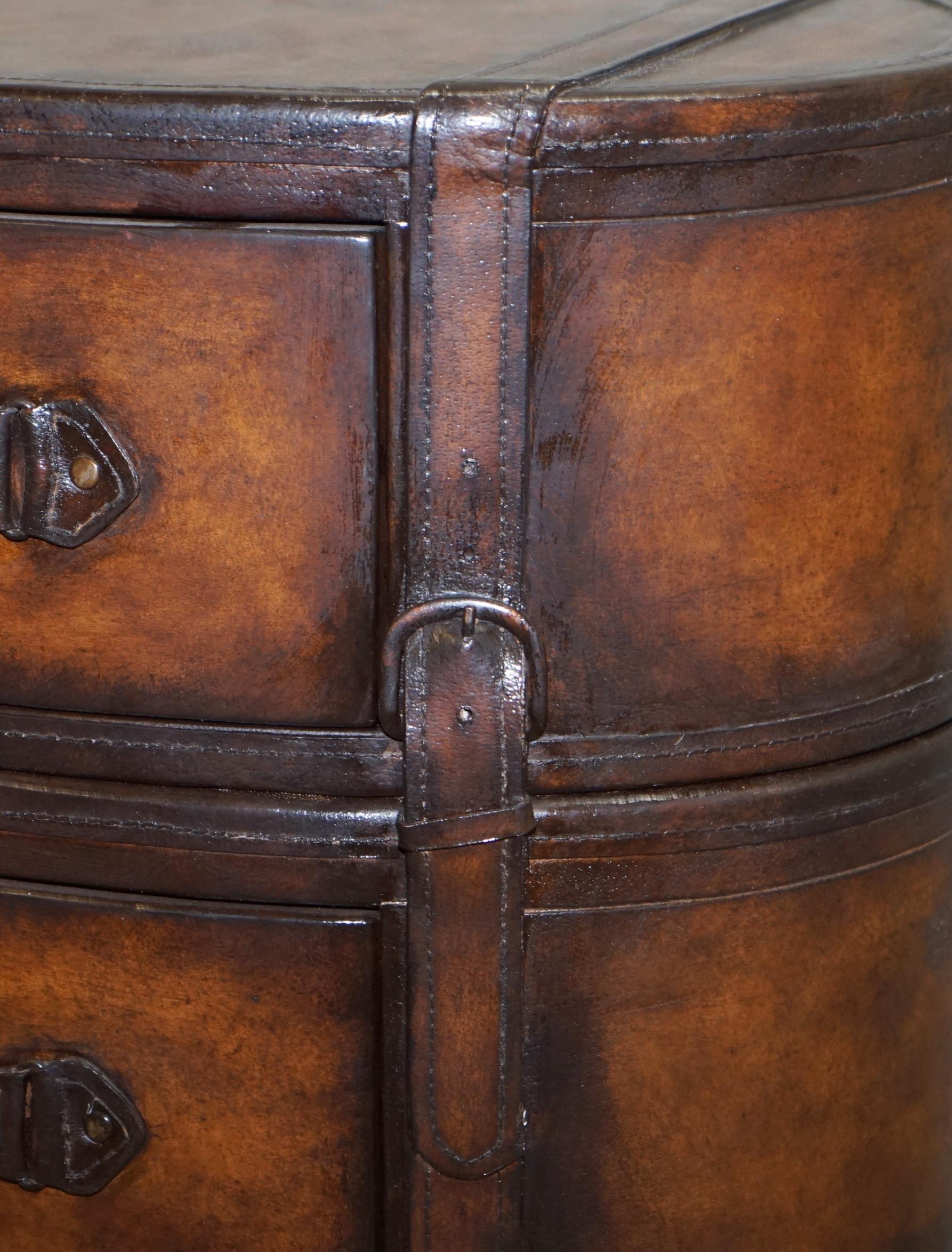 Fully Restored Hand Dyed Brown Leather Oval Luggage Tall Boy Chest of Drawers 1