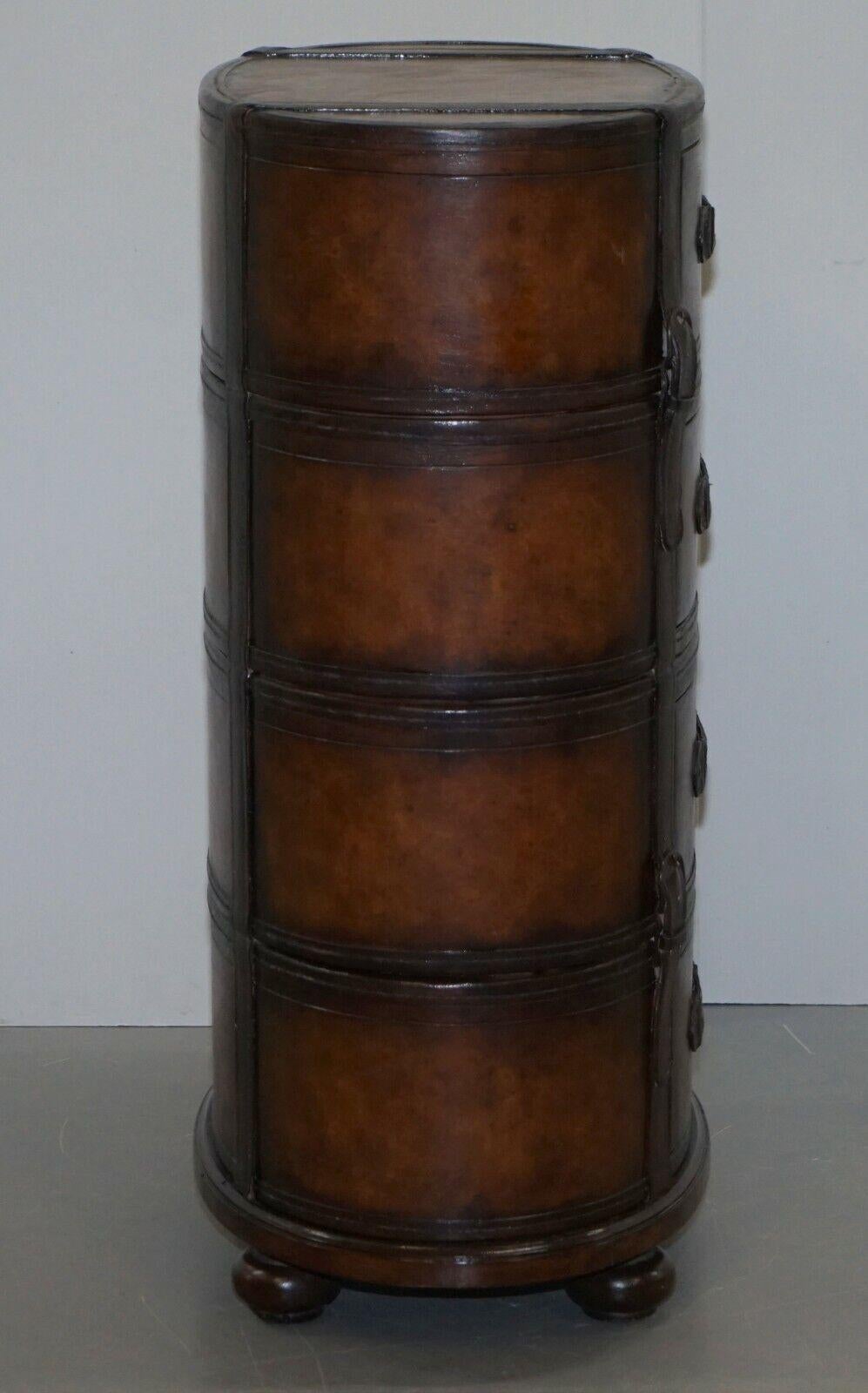 Fully Restored Hand Dyed Brown Leather Oval Luggage Tall Boy Chest of Drawers For Sale 2