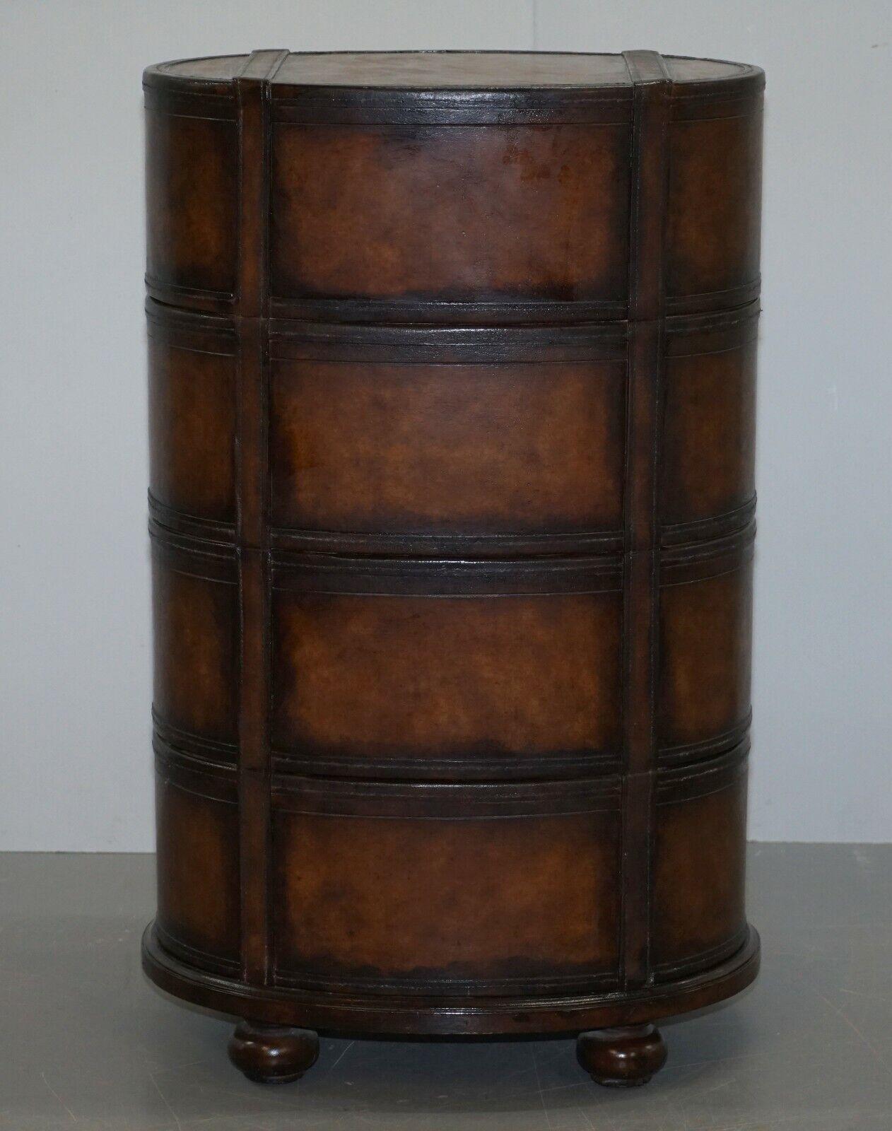 Fully Restored Hand Dyed Brown Leather Oval Luggage Tall Boy Chest of Drawers For Sale 3