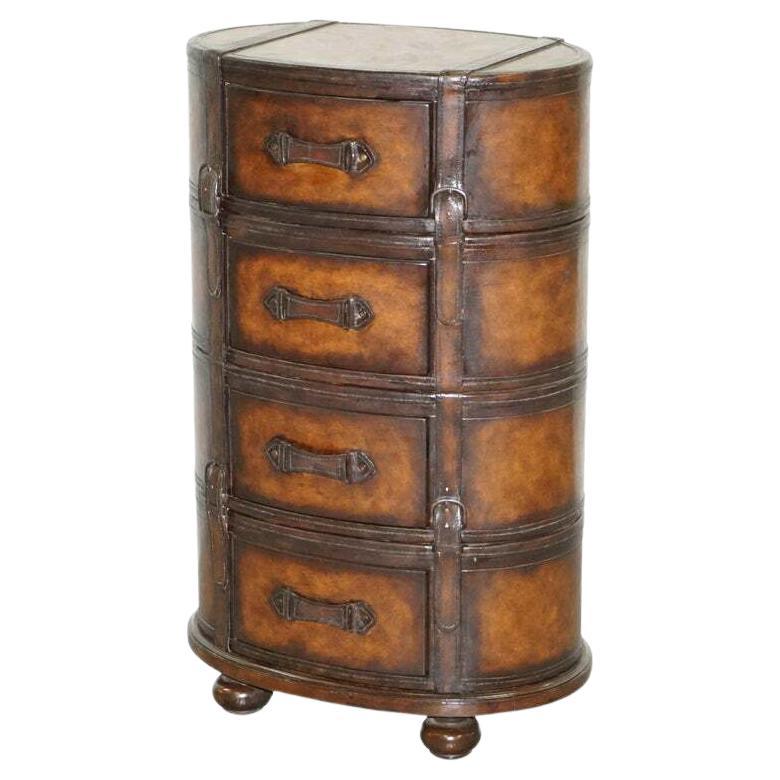 Fully Restored Hand Dyed Brown Leather Oval Luggage Tall Boy Chest of Drawers For Sale