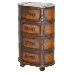 Antique Fully Restored Hand Dyed Brown Leather Oval Luggage Tall Boy Chest of Drawers